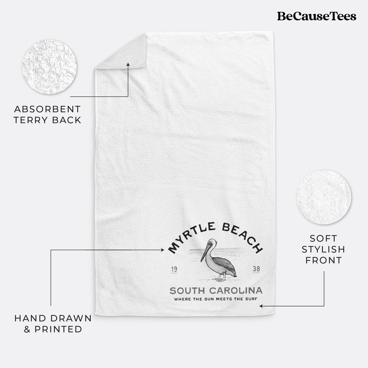 White hand towel printed with a black ink pelican on a post with the words Myrtle Beach South Carolina, Where the Sun Meets the Surf.