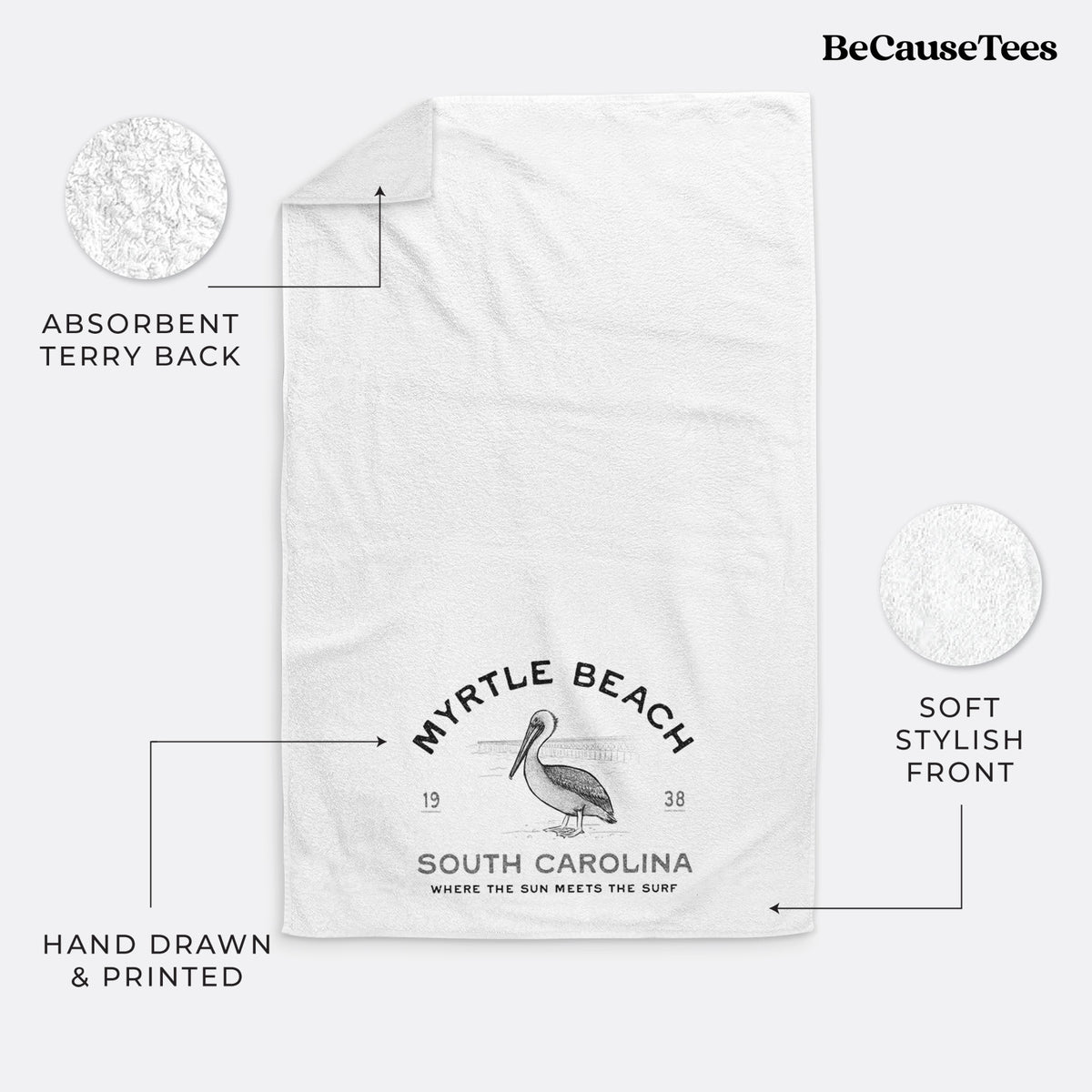 White hand towel printed with a black ink pelican on a post with the words Myrtle Beach South Carolina, Where the Sun Meets the Surf.