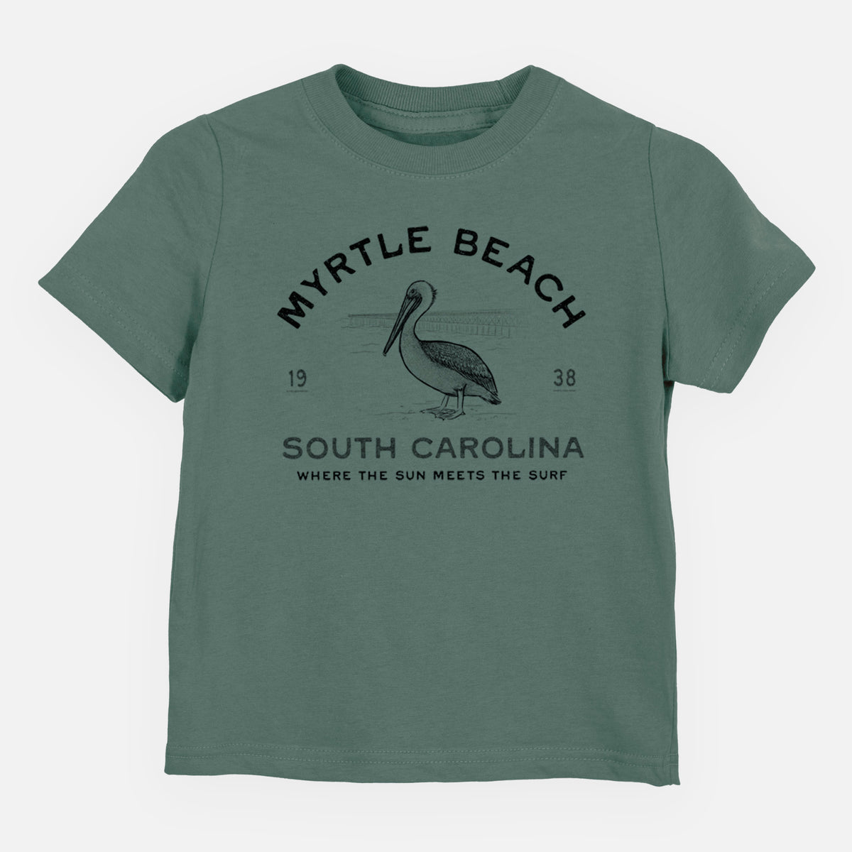 Basil green toddler t-shirt laid flat, printed with a black ink pelican on a post with the words Myrtle Beach South Carolina, Where the Sun Meets the Surf.