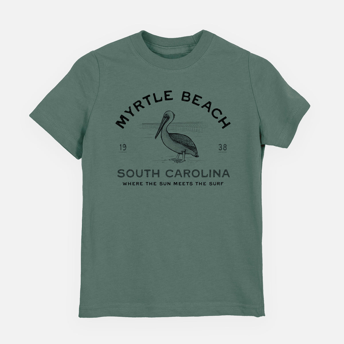 Basil green youth t-shirt laid flat, printed with a black ink pelican on a post with the words Myrtle Beach South Carolina, Where the Sun Meets the Surf.