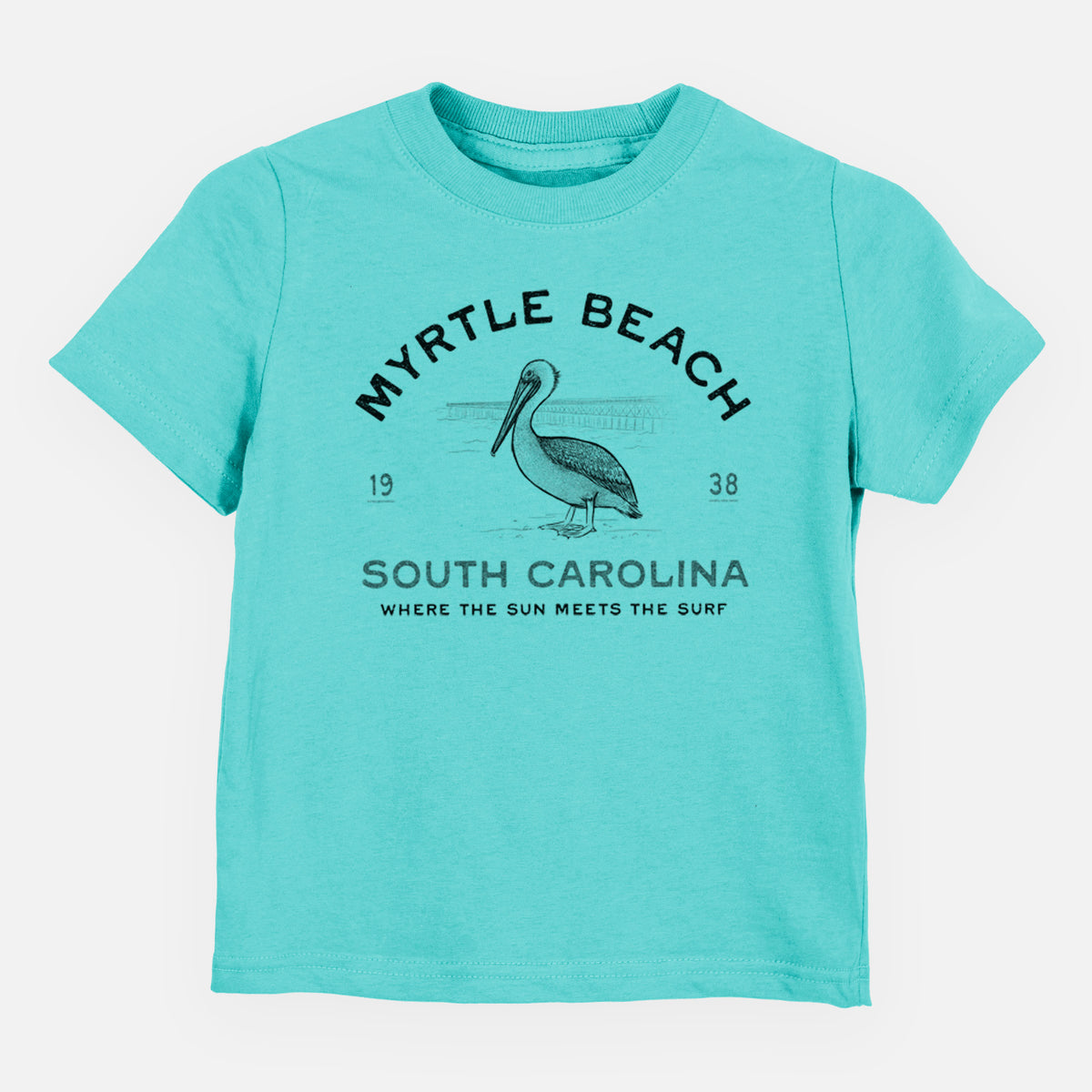 Caribbean blue toddler t-shirt laid flat, printed with a black ink pelican on a post with the words Myrtle Beach South Carolina, Where the Sun Meets the Surf.