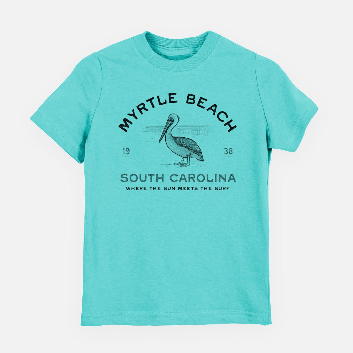 Caribbean blue youth t-shirt laid flat, printed with a black ink pelican on a post with the words Myrtle Beach South Carolina, Where the Sun Meets the Surf.