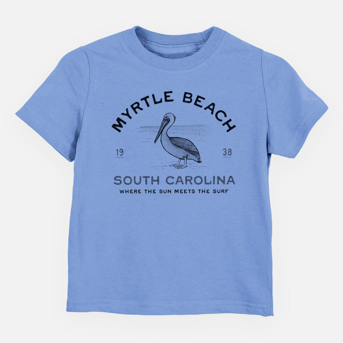 Carolina blue toddler t-shirt laid flat, printed with a black ink pelican on a post with the words Myrtle Beach South Carolina, Where the Sun Meets the Surf.