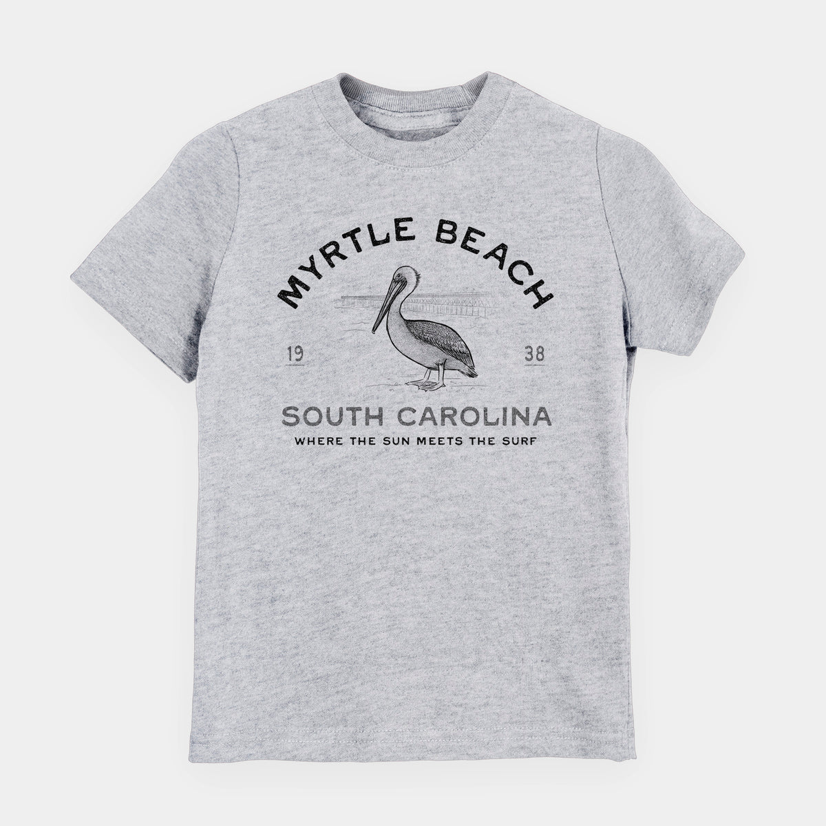 Heather grey youth t-shirt laid flat, printed with a black ink pelican on a post with the words Myrtle Beach South Carolina, Where the Sun Meets the Surf.