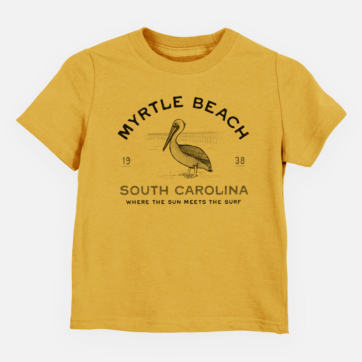 Honeycomb yellow toddler t-shirt laid flat, printed with a black ink pelican on a post with the words Myrtle Beach South Carolina, Where the Sun Meets the Surf.