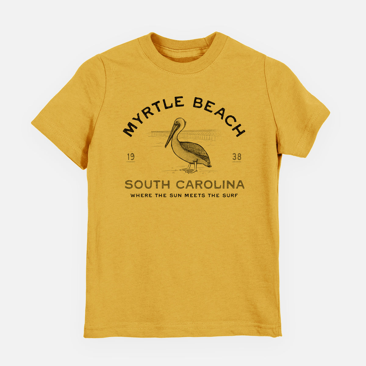 Honeycomb yellow youth t-shirt laid flat, printed with a black ink pelican on a post with the words Myrtle Beach South Carolina, Where the Sun Meets the Surf.