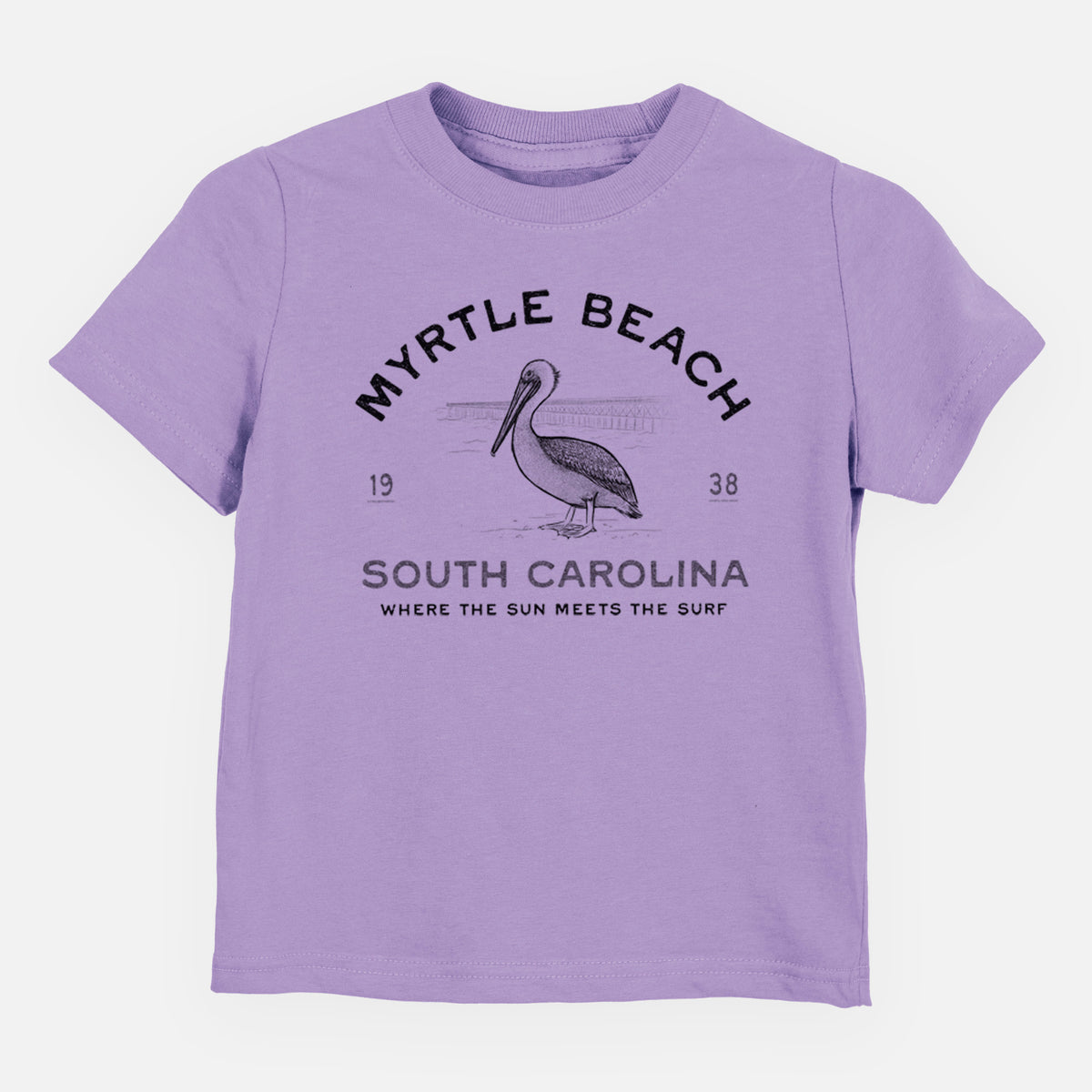 Lavender toddler t-shirt laid flat, printed with a black ink pelican on a post with the words Myrtle Beach South Carolina, Where the Sun Meets the Surf.