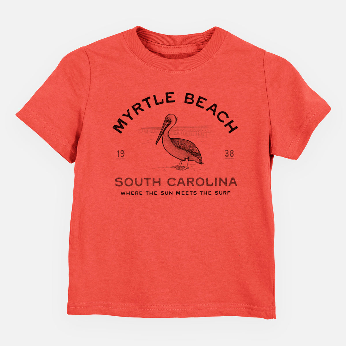 Passionfruit pink toddler t-shirt laid flat, printed with a black ink pelican on a post with the words Myrtle Beach South Carolina, Where the Sun Meets the Surf.