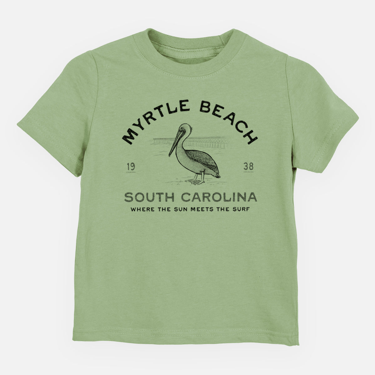 Sage green toddler t-shirt laid flat, printed with a black ink pelican on a post with the words Myrtle Beach South Carolina, Where the Sun Meets the Surf.