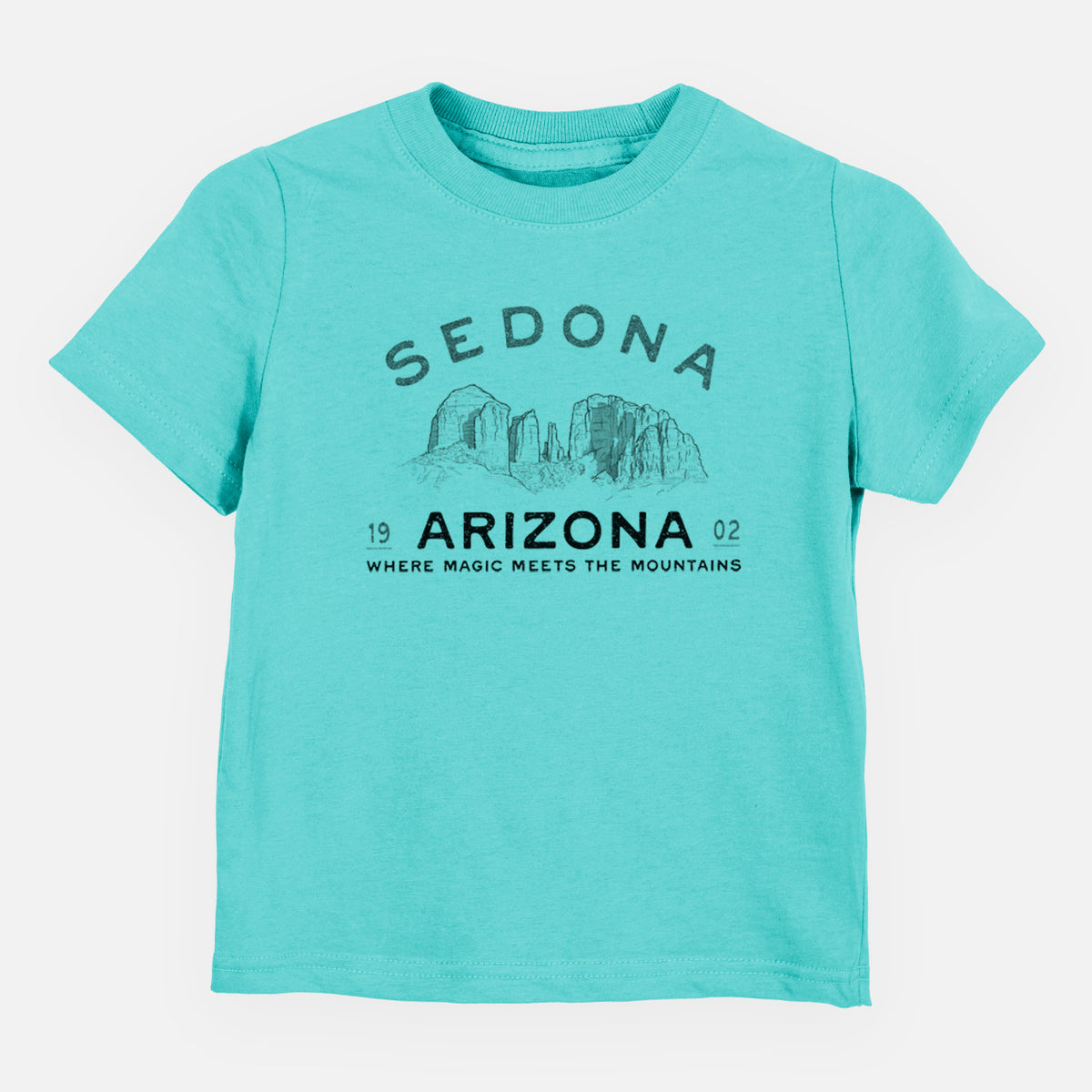 Caribbean blue toddler t-shirt laid flat, printed with black ink red rock buttes with the words Sedona Arizona, Where Magic Meets the Mountains.