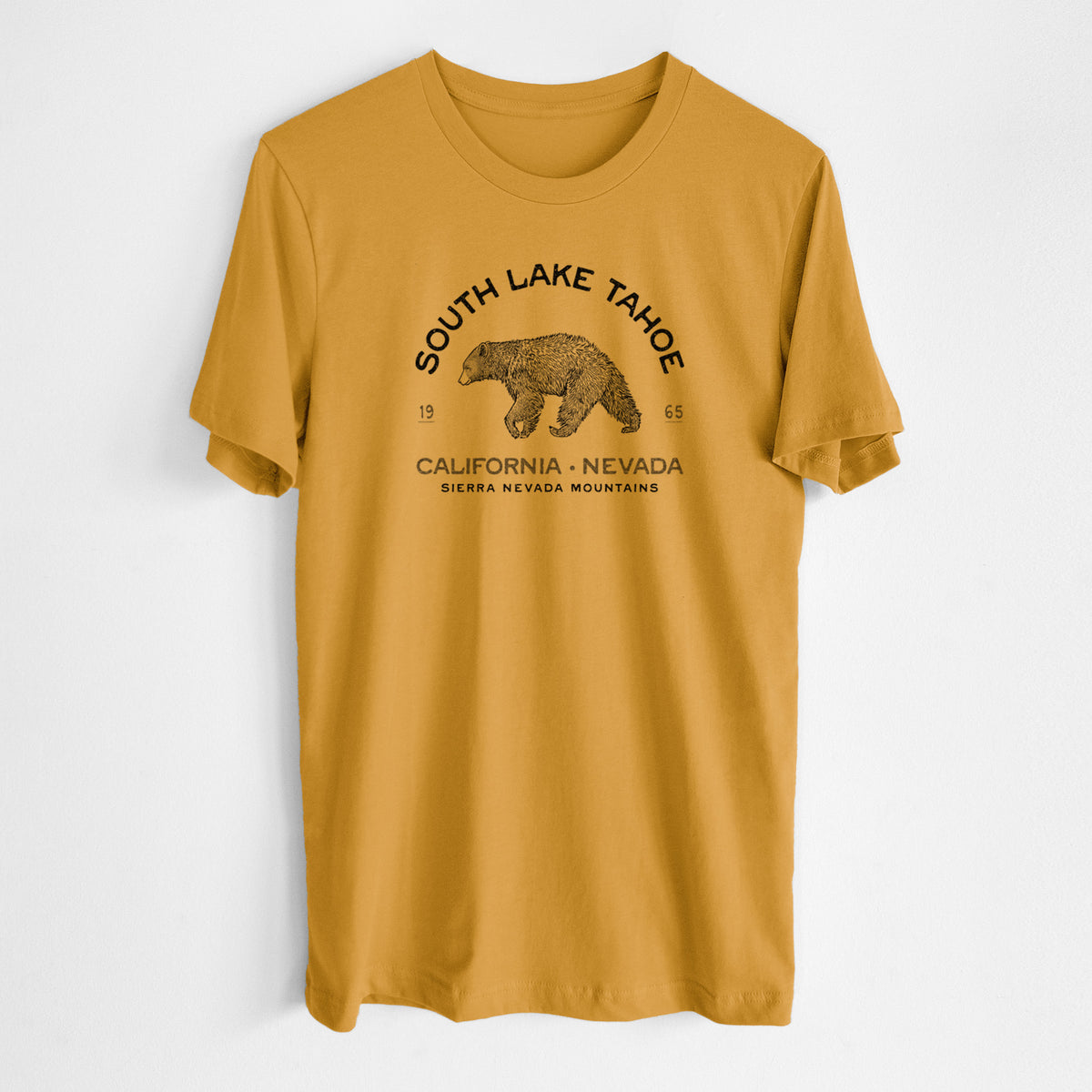 Honeycomb yellow lightweight cotton t-shirt laid flat, printed with a black ink bear with the words South Lake Tahoe, California - Nevada, Sierra Nevada Mountains.