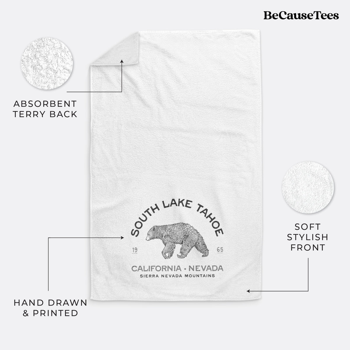 White hand towel printed with a black ink bear with the words South Lake Tahoe, California - Nevada, Sierra Nevada Mountains.