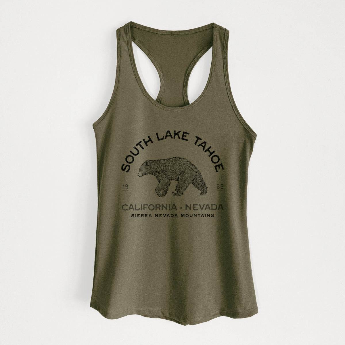 Military green women's racerback tank top laid flat, printed with a black ink bear with the words South Lake Tahoe, California - Nevada, Sierra Nevada Mountains.