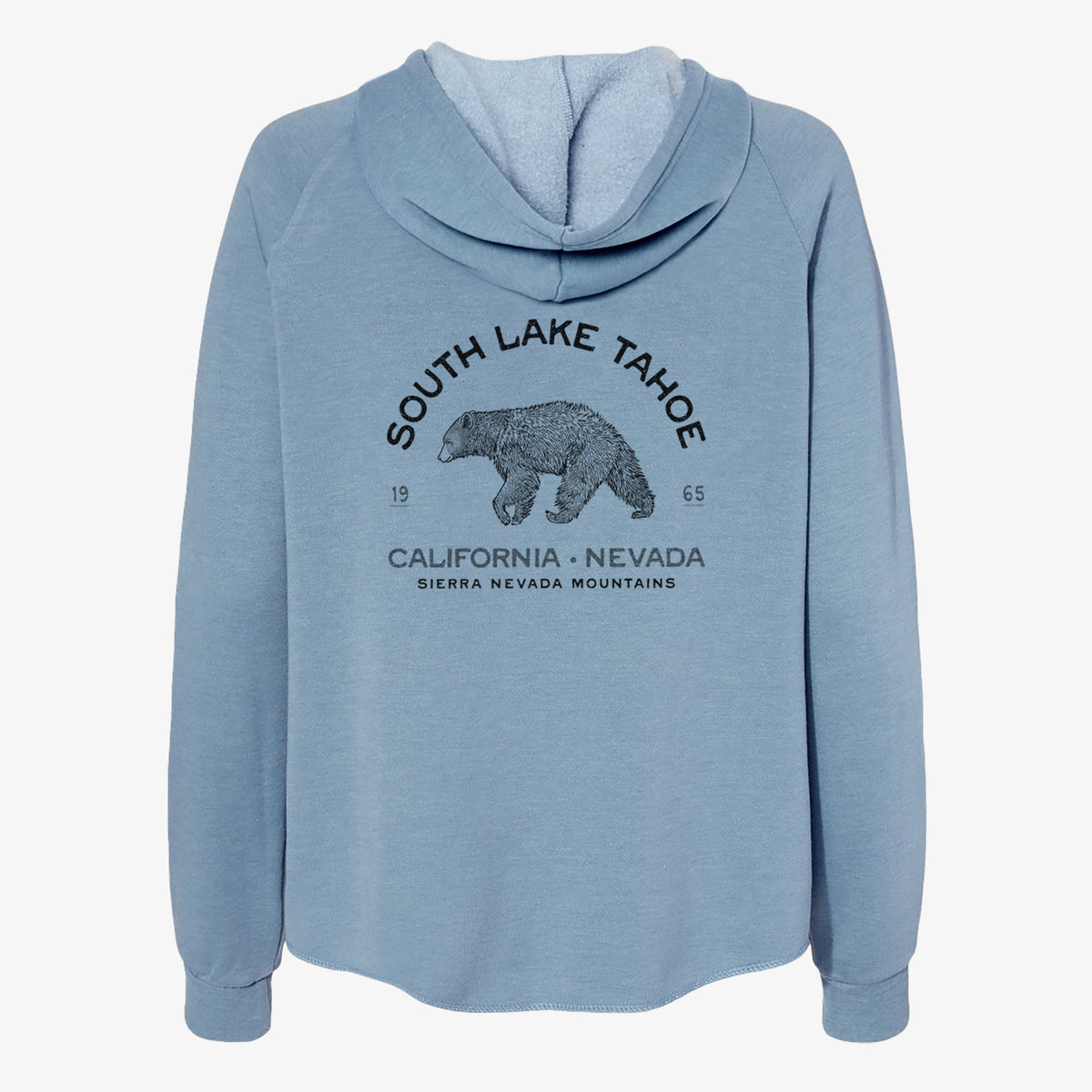 Misty blue women's Cali Wave zip-up sweatshirt laid flat, printed with a black ink bear with the words South Lake Tahoe, California - Nevada, Sierra Nevada Mountains.