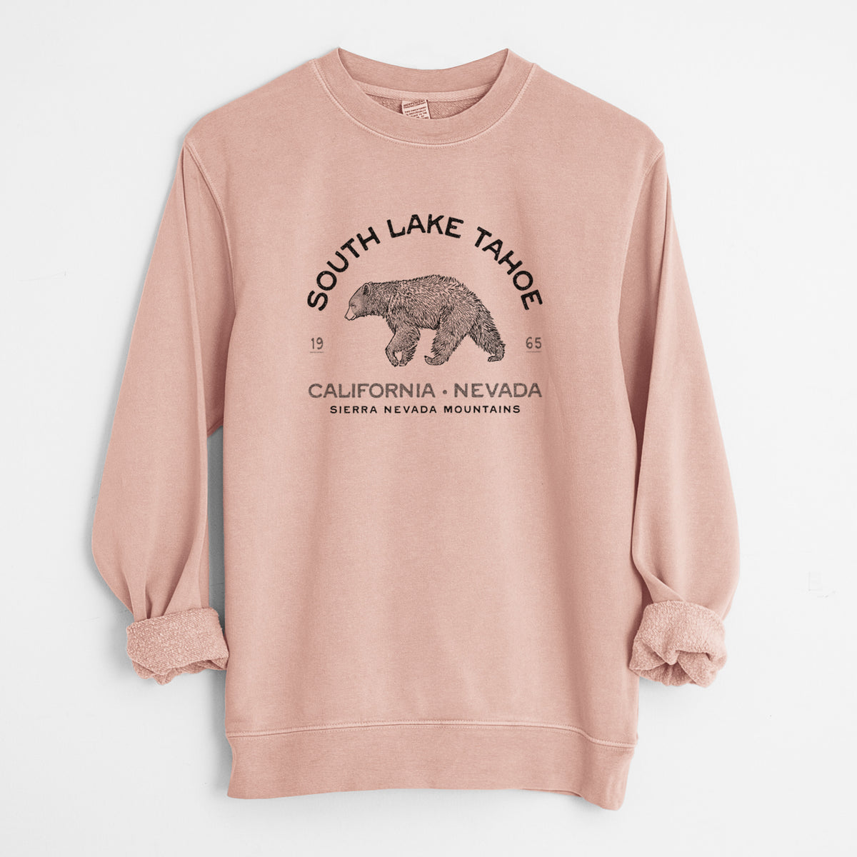 South Lake Tahoe Black Bear - Unisex Pigment Dyed Crew Sweatshirt in Dusty Pink