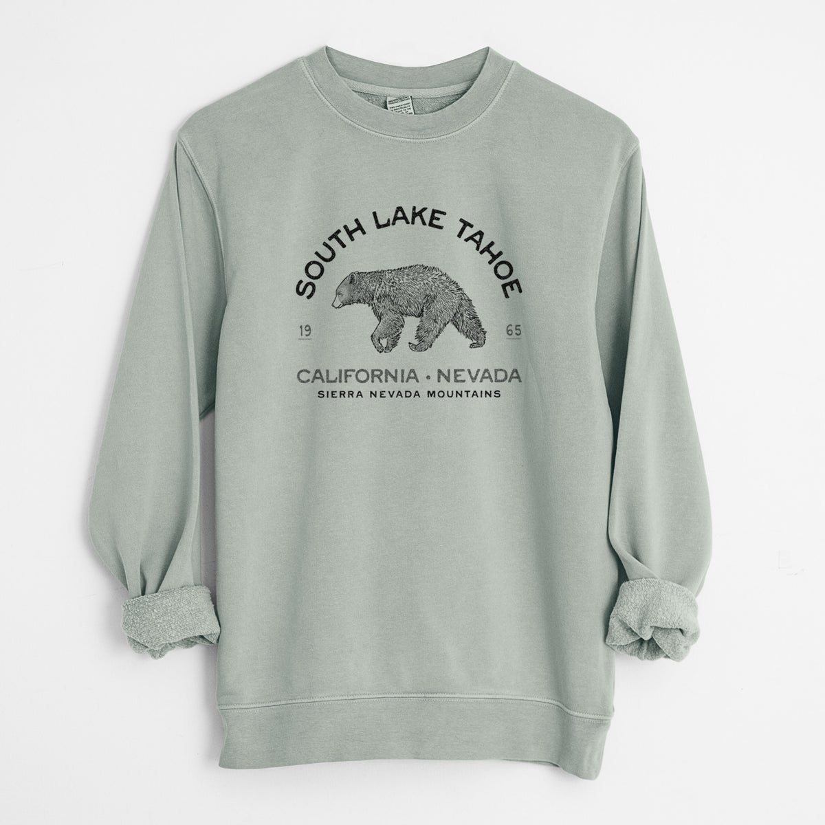 South Lake Tahoe Black Bear - Unisex Pigment Dyed Crew Sweatshirt in Sage