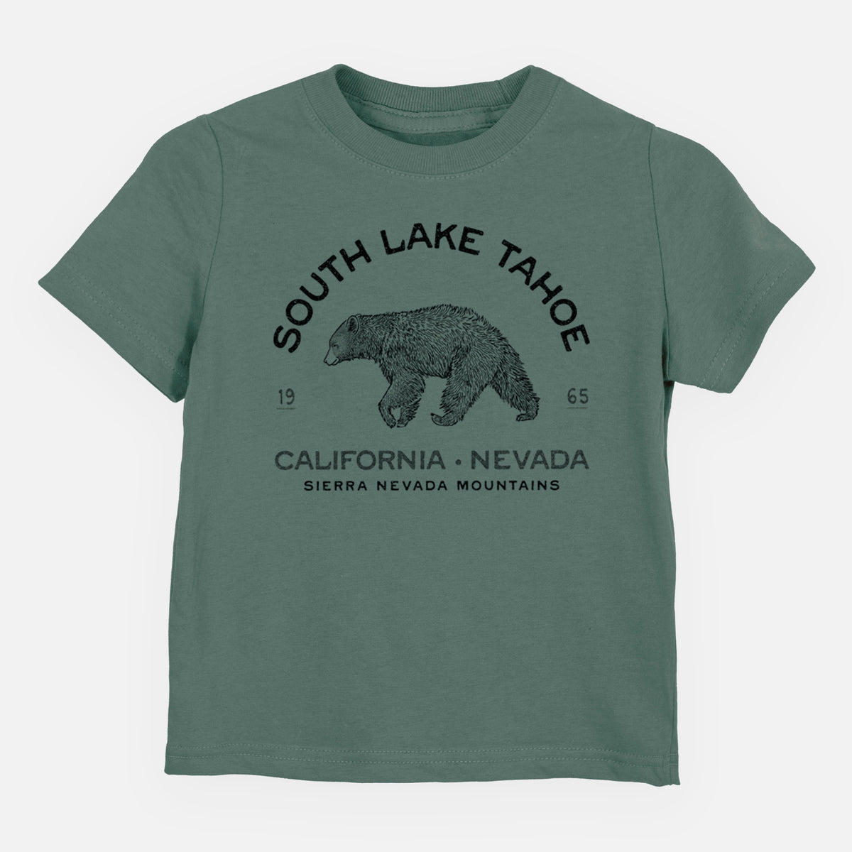 Basil green toddler t-shirt laid flat, printed with a black ink bear with the words South Lake Tahoe, California - Nevada, Sierra Nevada Mountains.