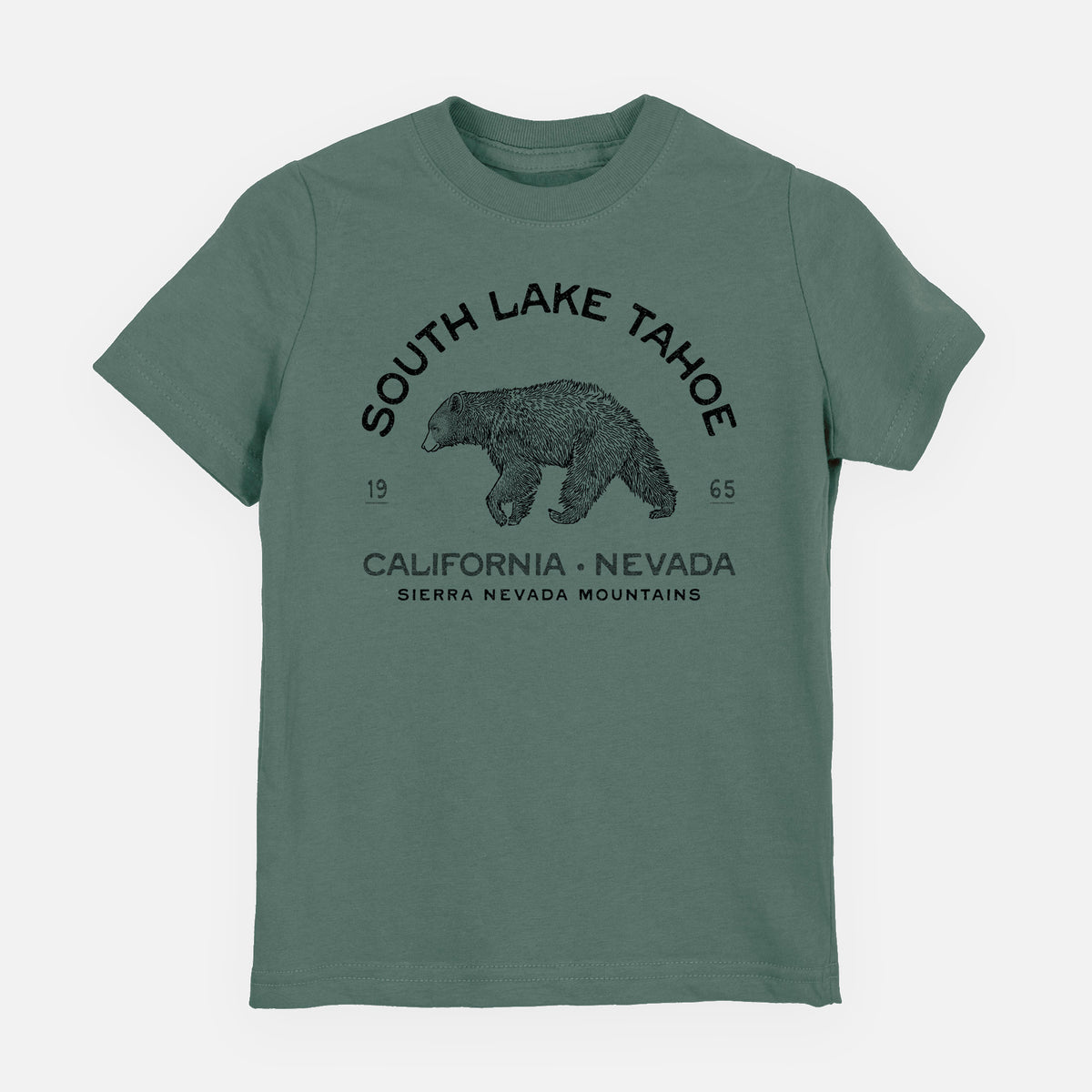 Basil green youth t-shirt laid flat, printed with a black ink bear with the words South Lake Tahoe, California - Nevada, Sierra Nevada Mountains.