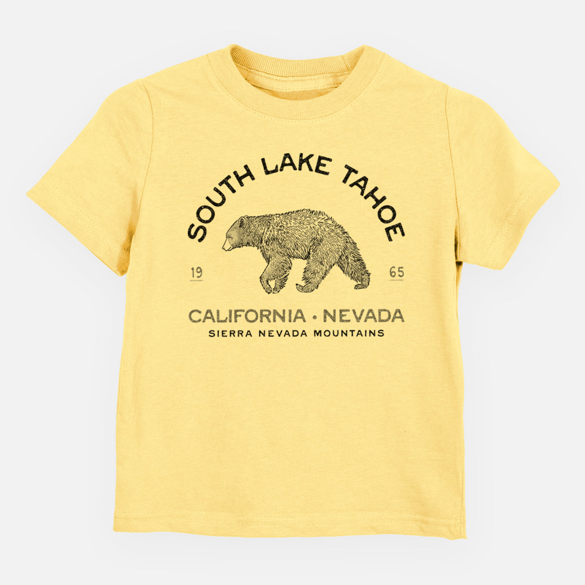 Butter yellow toddler t-shirt laid flat, printed with a black ink bear with the words South Lake Tahoe, California - Nevada, Sierra Nevada Mountains.