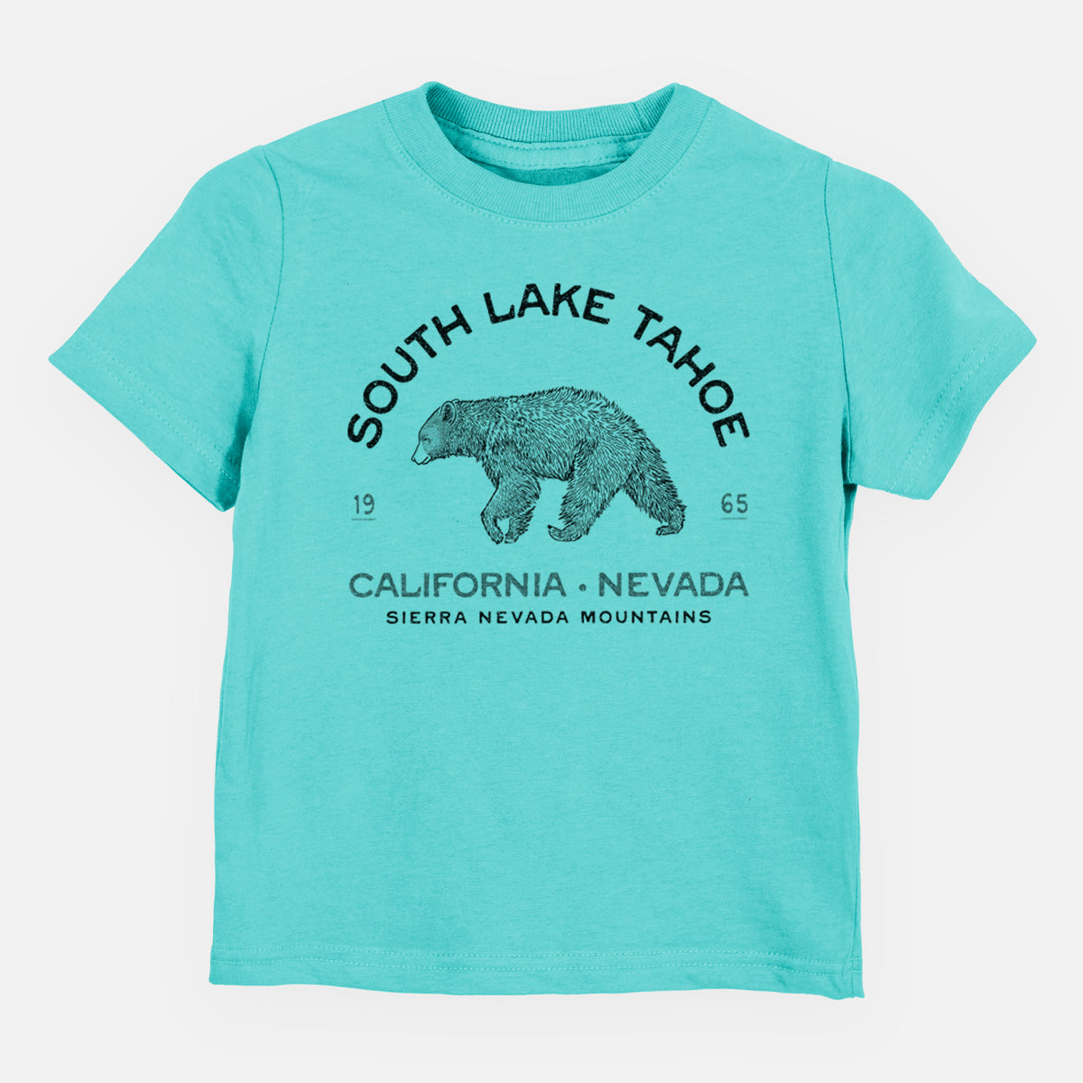 Caribbean blue toddler t-shirt laid flat, printed with a black ink bear with the words South Lake Tahoe, California - Nevada, Sierra Nevada Mountains.