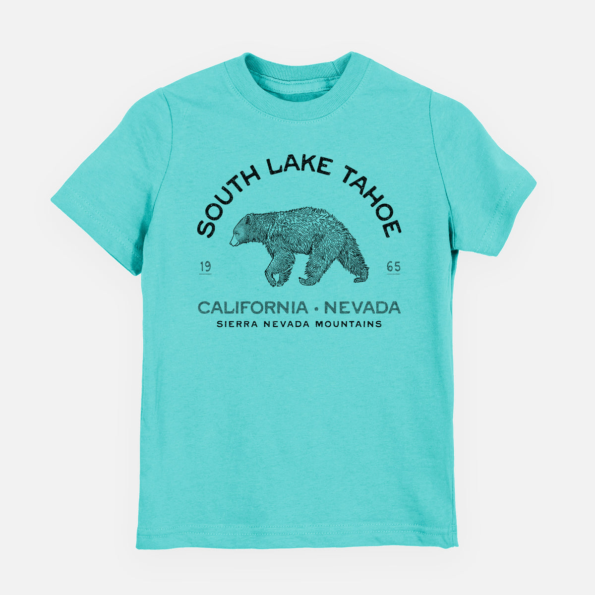 Caribbean blue youth t-shirt laid flat, printed with a black ink bear with the words South Lake Tahoe, California - Nevada, Sierra Nevada Mountains.