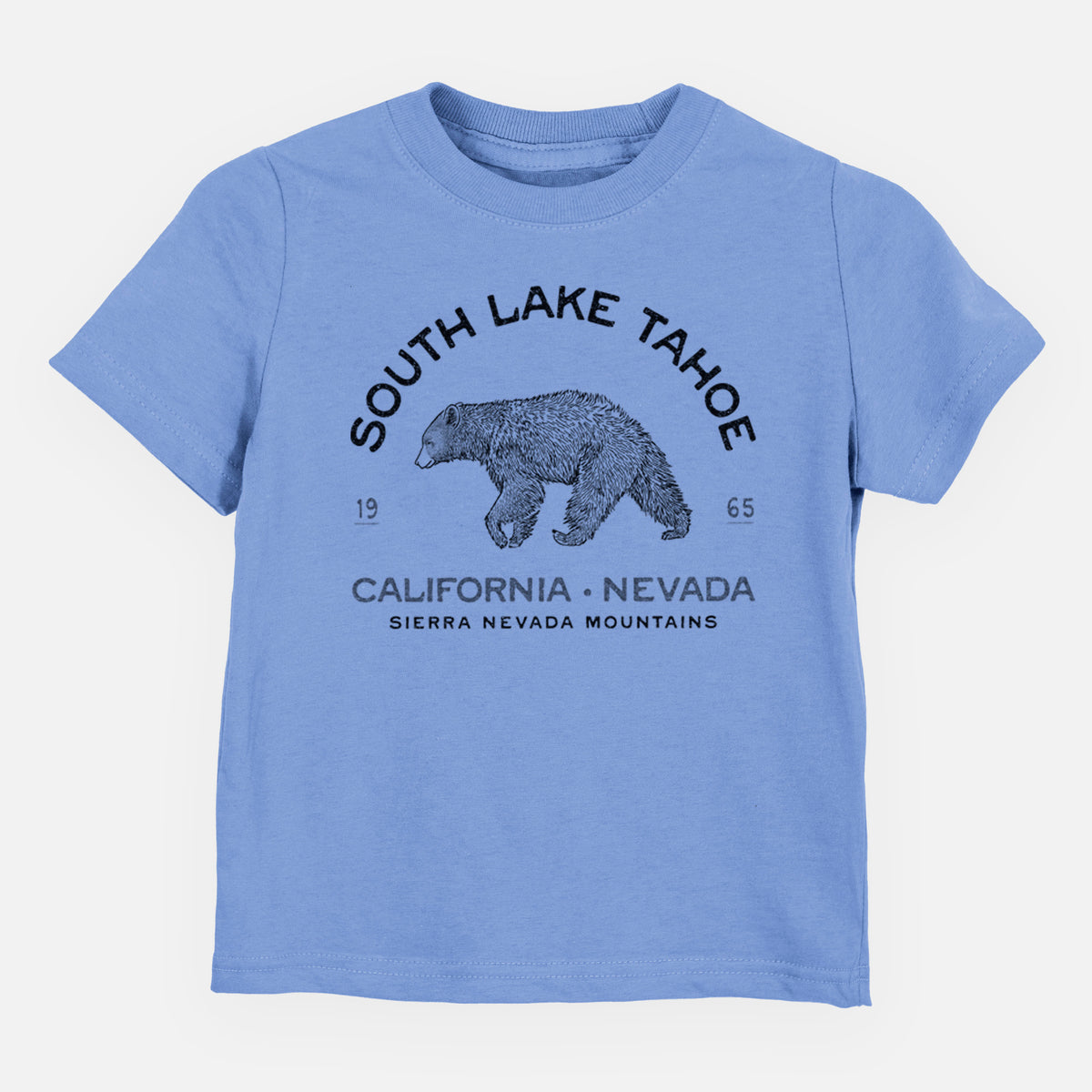 Carolina blue toddler t-shirt laid flat, printed with a black ink bear with the words South Lake Tahoe, California - Nevada, Sierra Nevada Mountains.