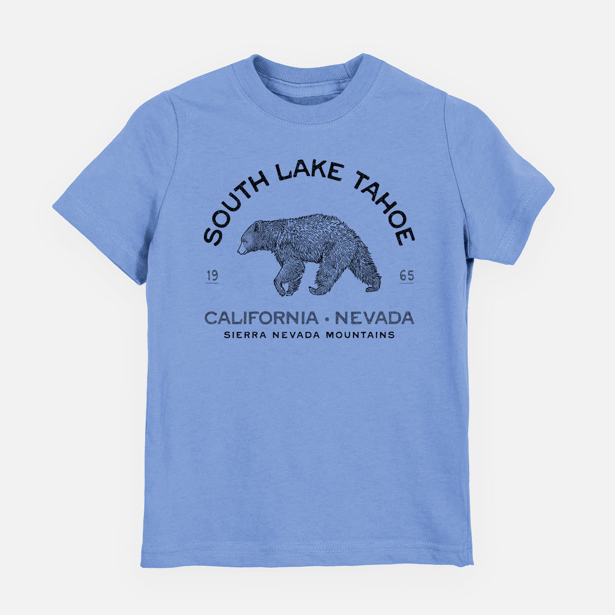 Carolina blue youth t-shirt laid flat, printed with a black ink bear with the words South Lake Tahoe, California - Nevada, Sierra Nevada Mountains.