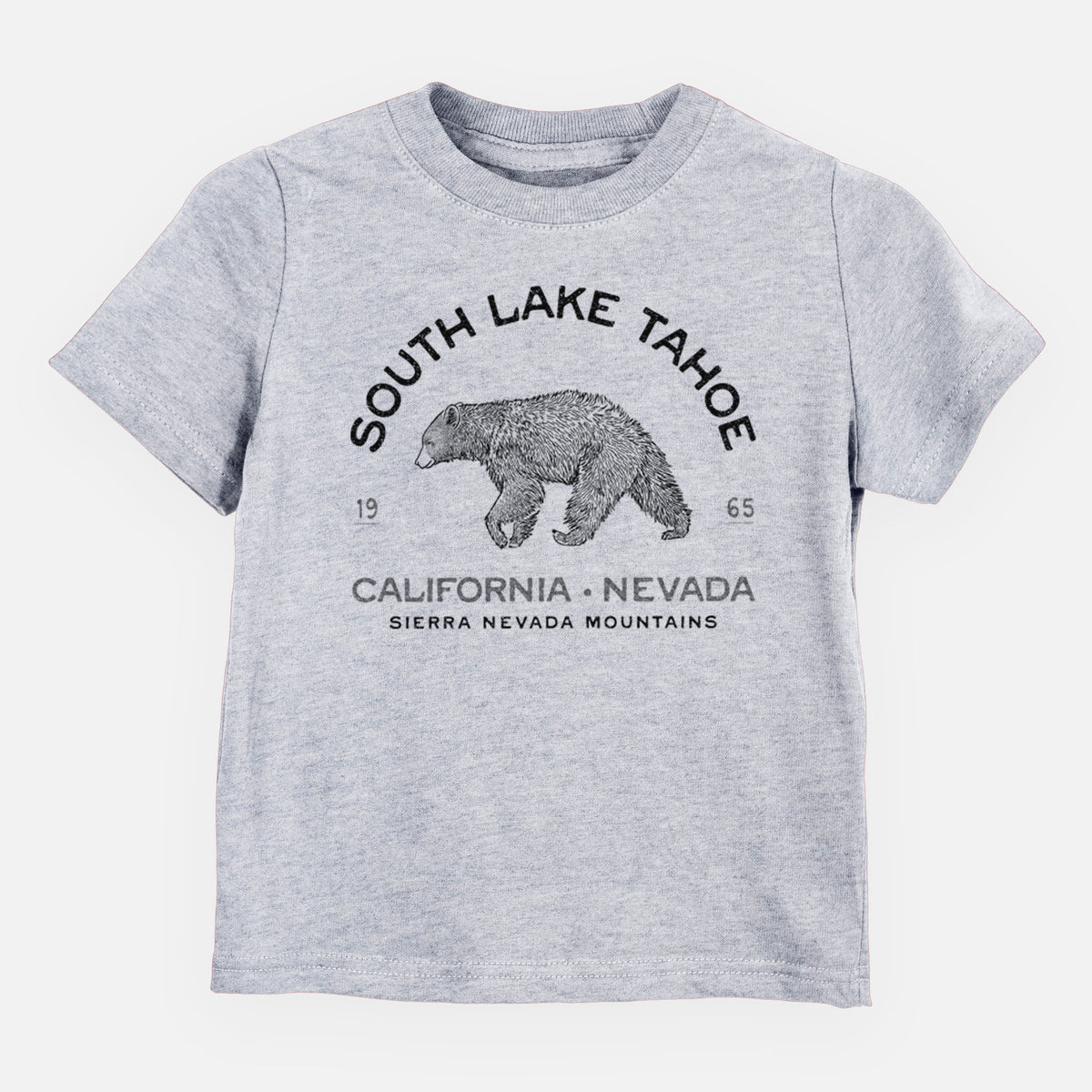 Heather grey toddler t-shirt laid flat, printed with a black ink bear with the words South Lake Tahoe, California - Nevada, Sierra Nevada Mountains.