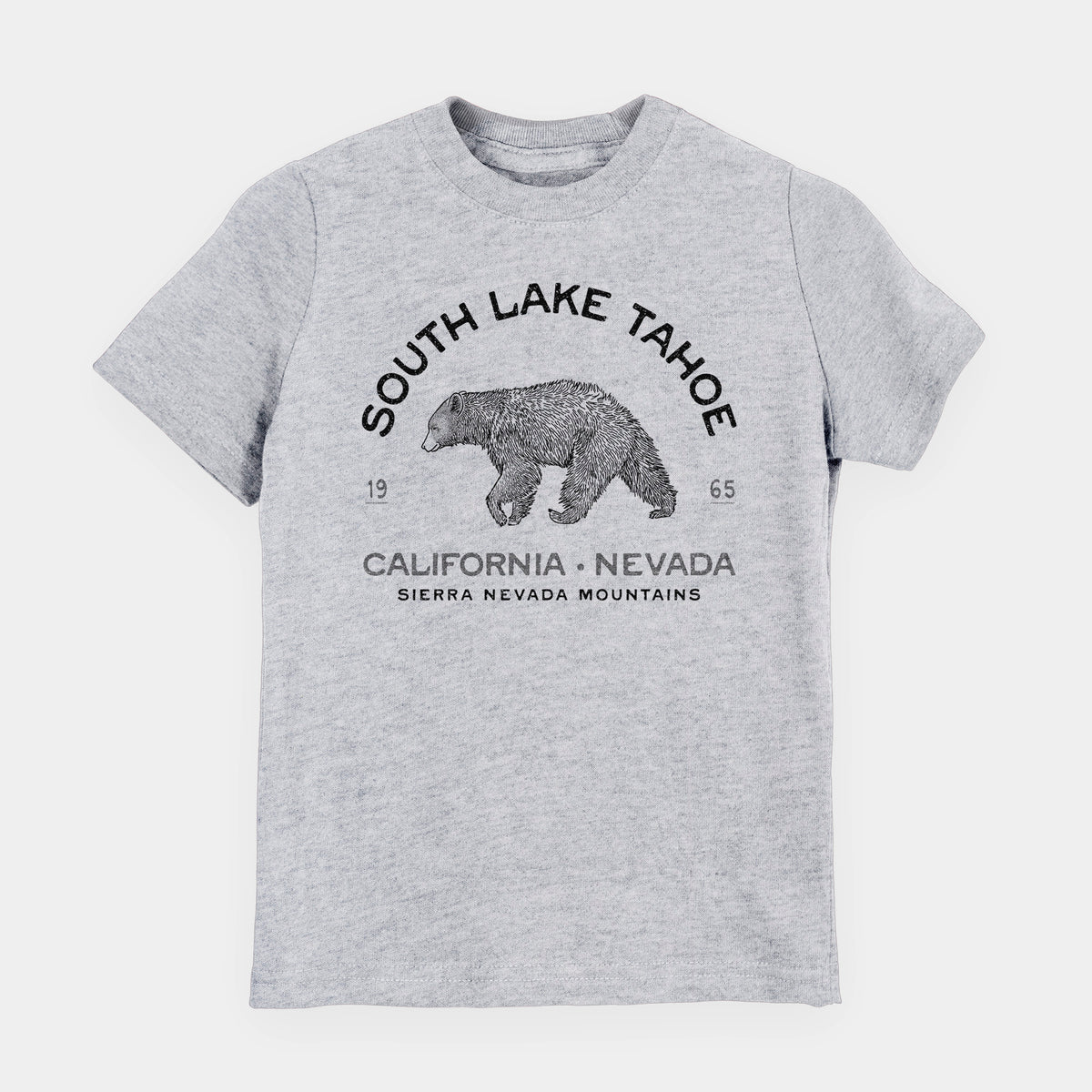Heather grey youth t-shirt laid flat, printed with a black ink bear with the words South Lake Tahoe, California - Nevada, Sierra Nevada Mountains.