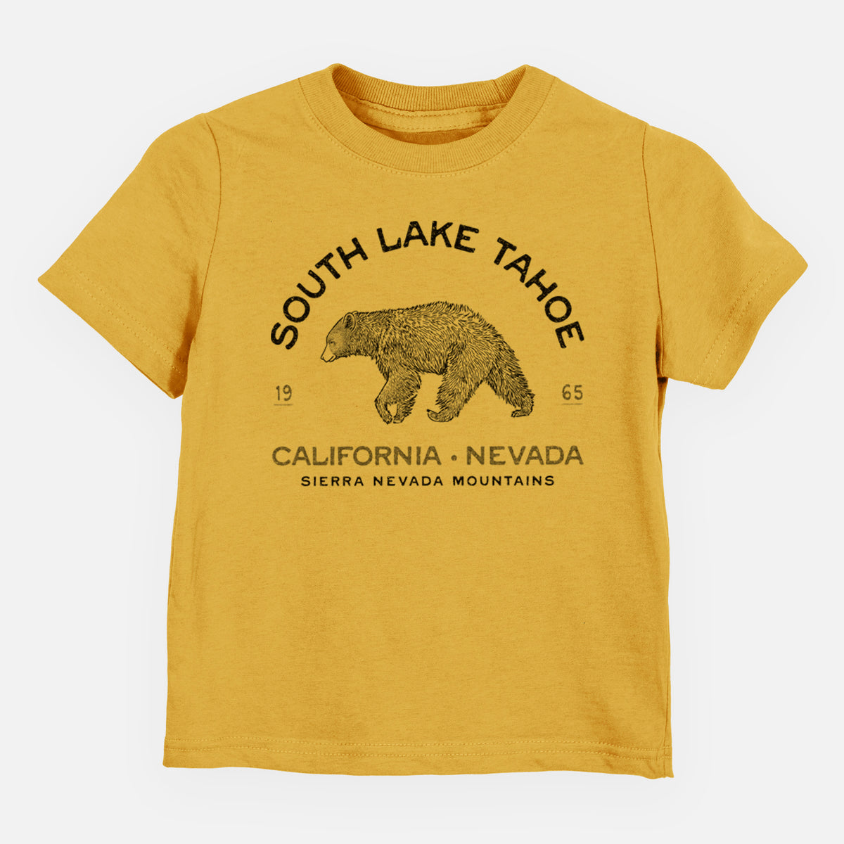 Honeycomb yellow toddler t-shirt laid flat, printed with a black ink bear with the words South Lake Tahoe, California - Nevada, Sierra Nevada Mountains.