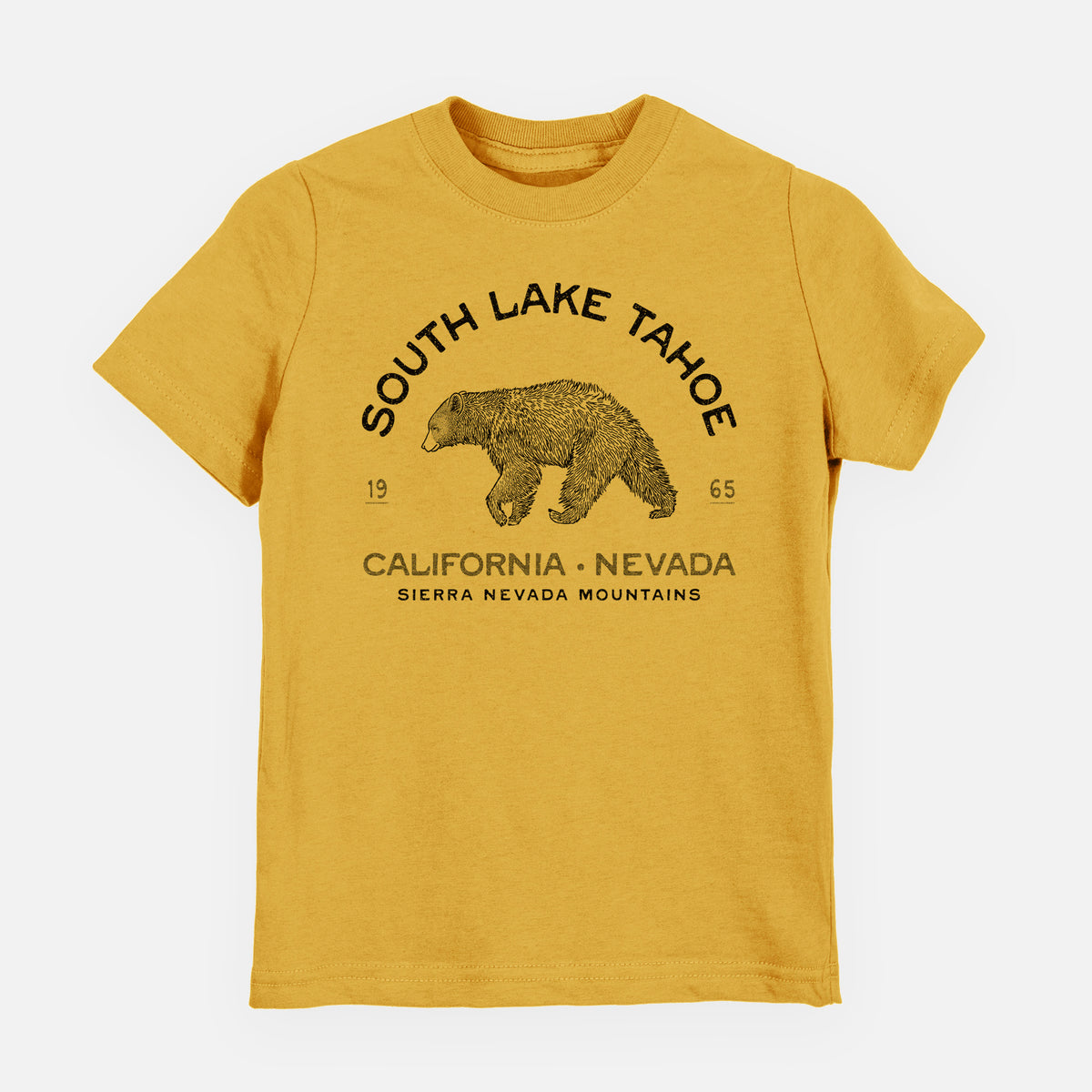 Honeycomb yellow youth t-shirt laid flat, printed with a black ink bear with the words South Lake Tahoe, California - Nevada, Sierra Nevada Mountains.