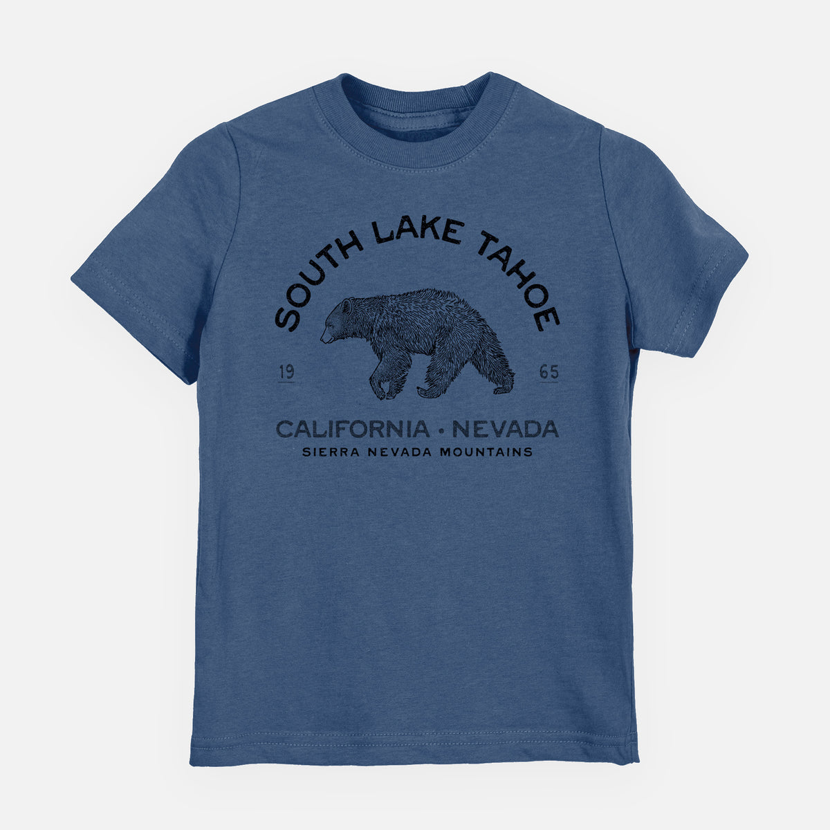 Indigo blue youth t-shirt laid flat, printed with a black ink bear with the words South Lake Tahoe, California - Nevada, Sierra Nevada Mountains.