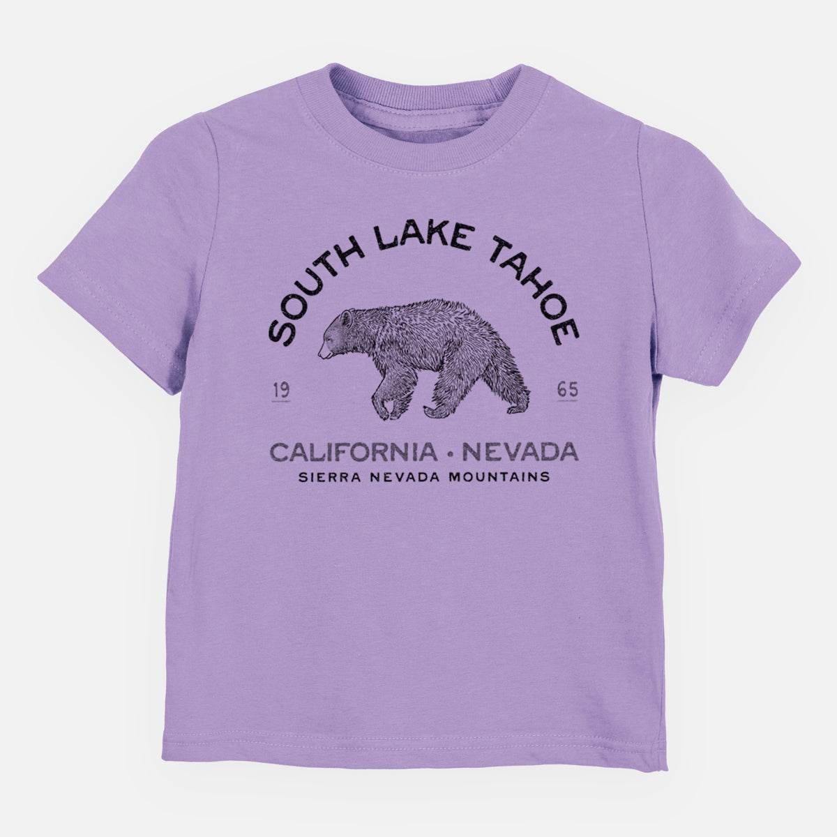Lavender toddler t-shirt laid flat, printed with a black ink bear with the words South Lake Tahoe, California - Nevada, Sierra Nevada Mountains.