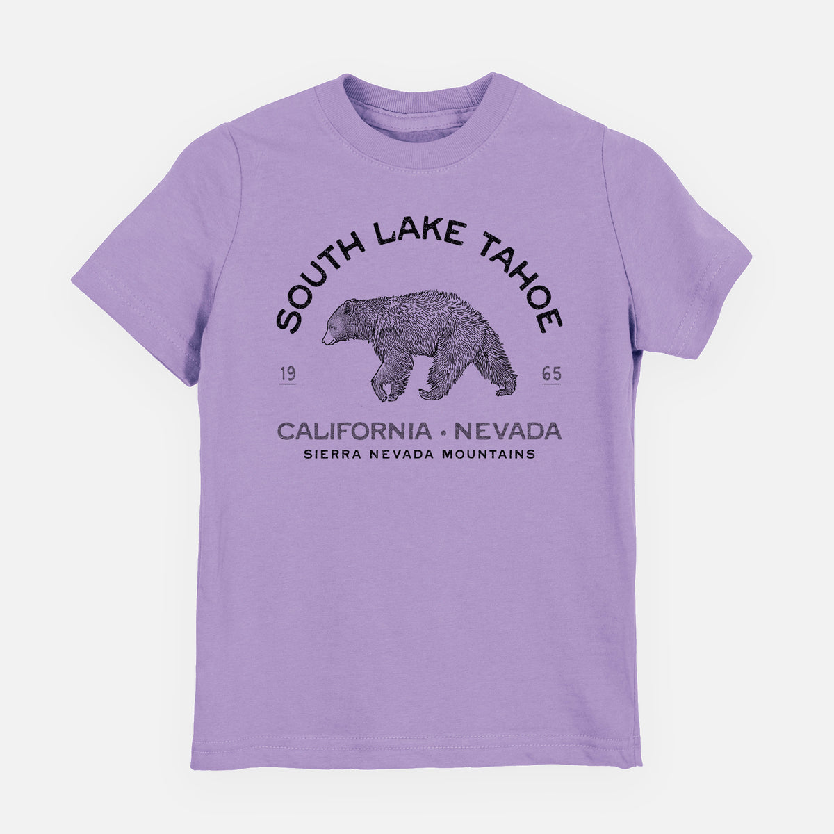 Lavender youth t-shirt laid flat, printed with a black ink bear with the words South Lake Tahoe, California - Nevada, Sierra Nevada Mountains.