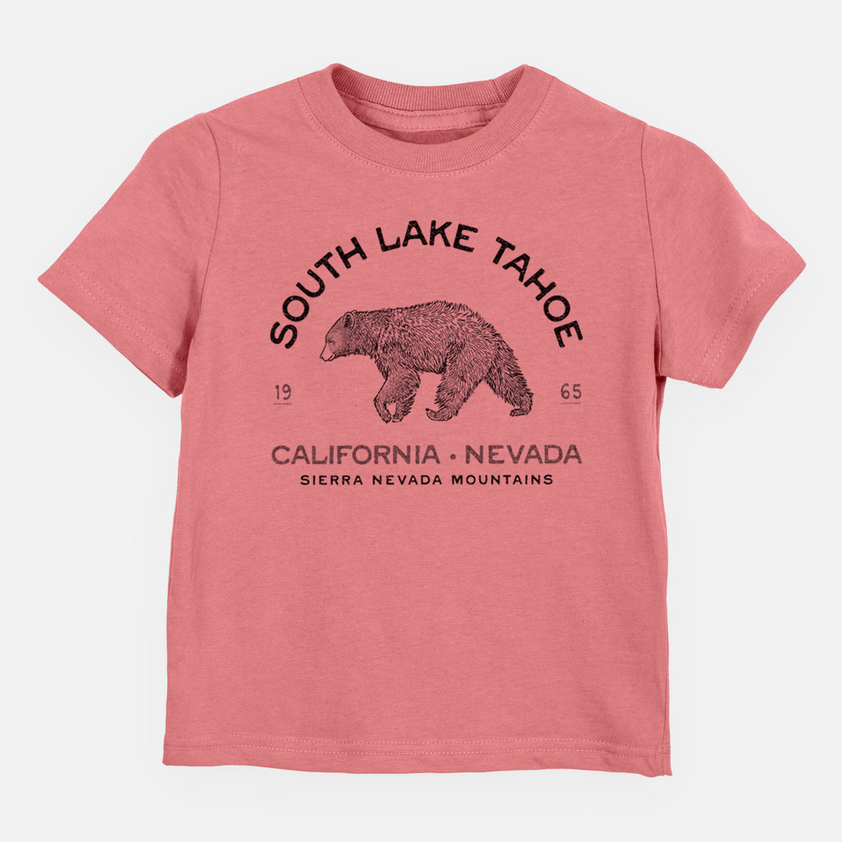 Mauve pink toddler t-shirt laid flat, printed with a black ink bear with the words South Lake Tahoe, California - Nevada, Sierra Nevada Mountains.