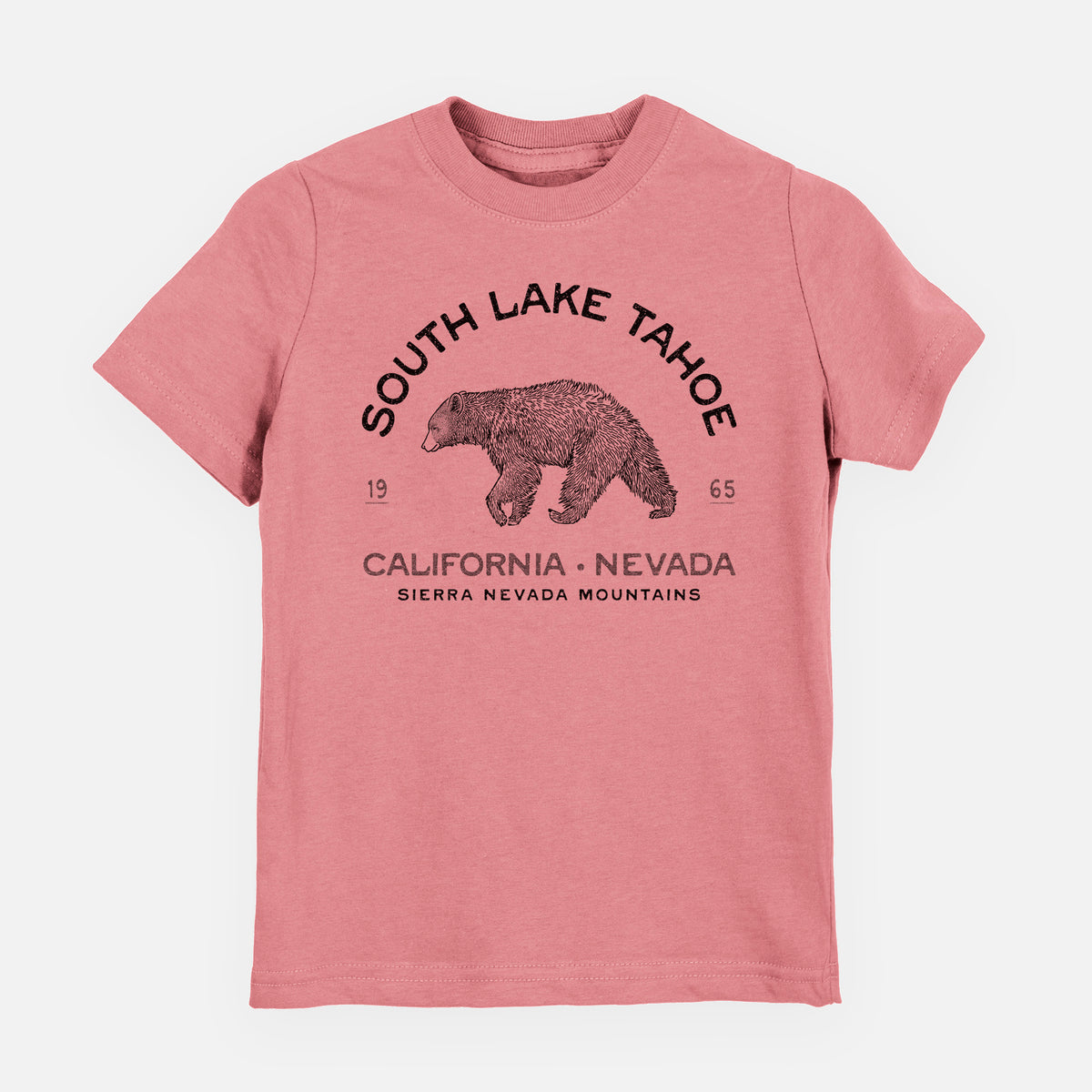 Mauve pink youth t-shirt laid flat, printed with a black ink bear with the words South Lake Tahoe, California - Nevada, Sierra Nevada Mountains.