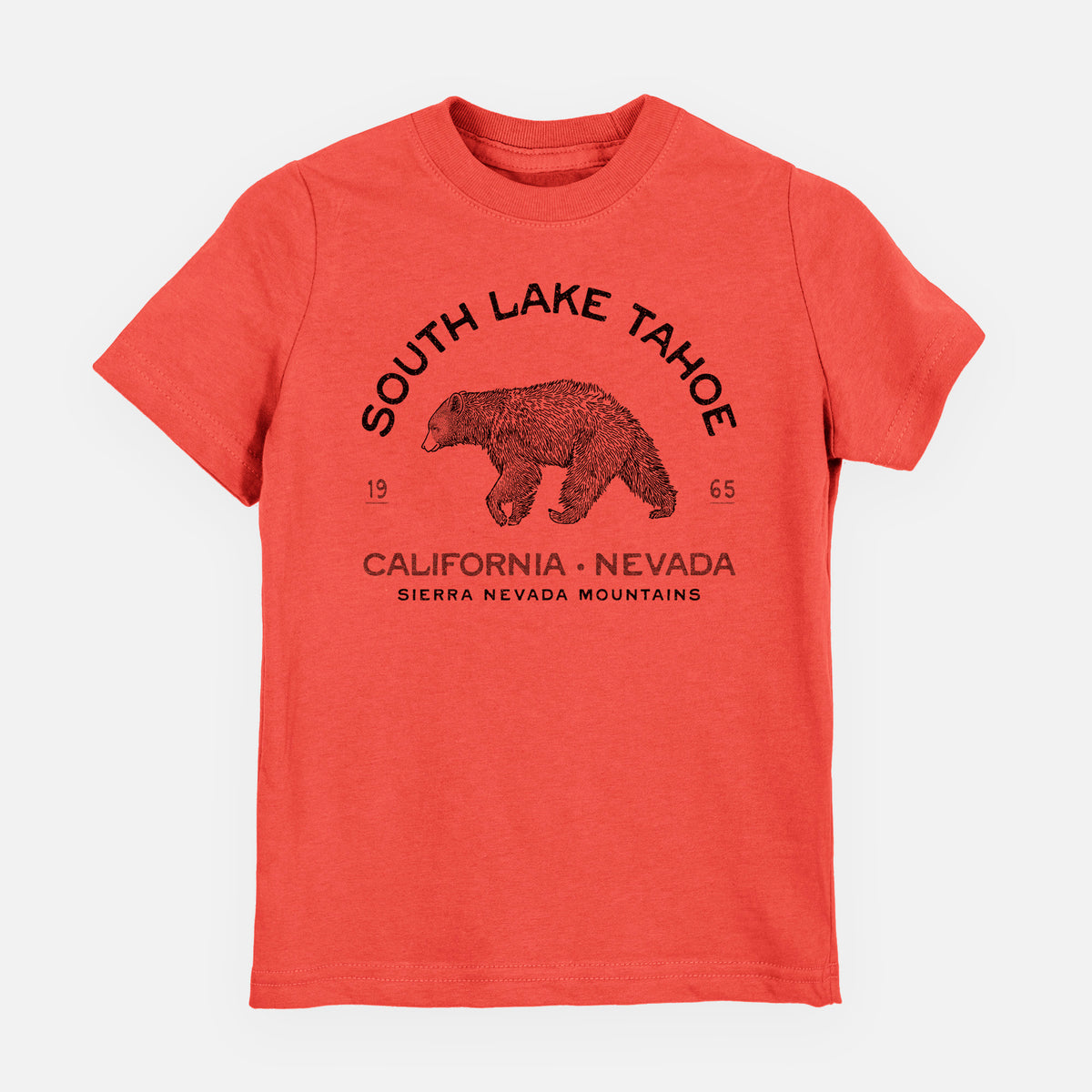 Passionfruit pink youth t-shirt laid flat, printed with a black ink bear with the words South Lake Tahoe, California - Nevada, Sierra Nevada Mountains.