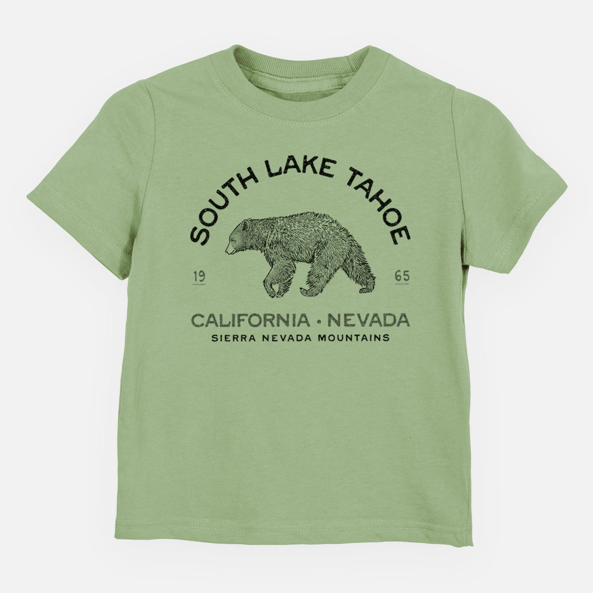 Sage green toddler t-shirt laid flat, printed with a black ink bear with the words South Lake Tahoe, California - Nevada, Sierra Nevada Mountains.