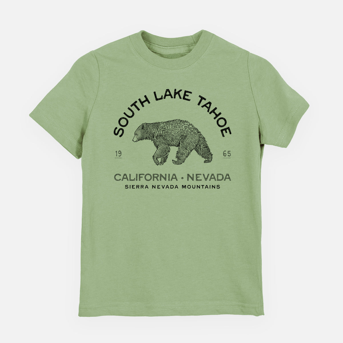 Sage green youth t-shirt laid flat, printed with a black ink bear with the words South Lake Tahoe, California - Nevada, Sierra Nevada Mountains.