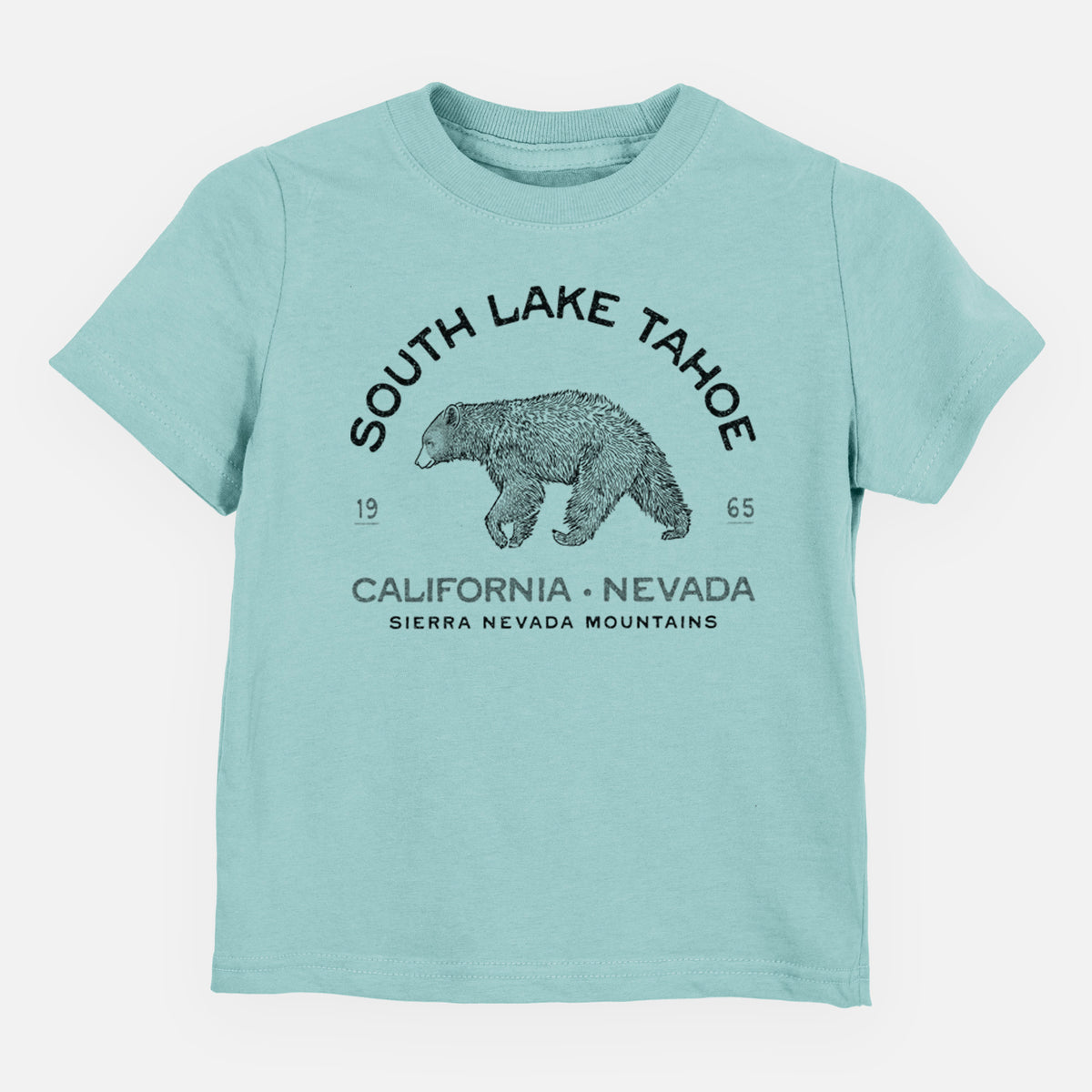 Saltwater toddler t-shirt laid flat, printed with a black ink bear with the words South Lake Tahoe, California - Nevada, Sierra Nevada Mountains.