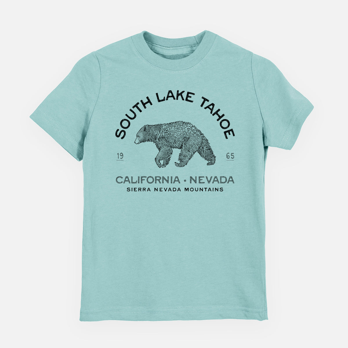 Saltwater youth t-shirt laid flat, printed with a black ink bear with the words South Lake Tahoe, California - Nevada, Sierra Nevada Mountains.