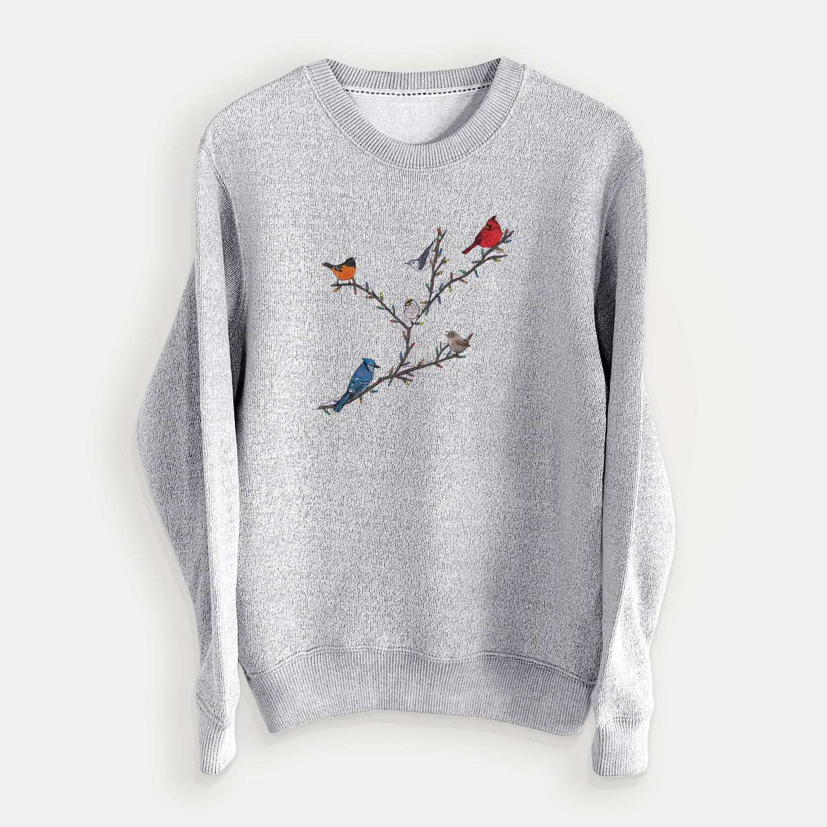 Gray sweater with bird design on a white background