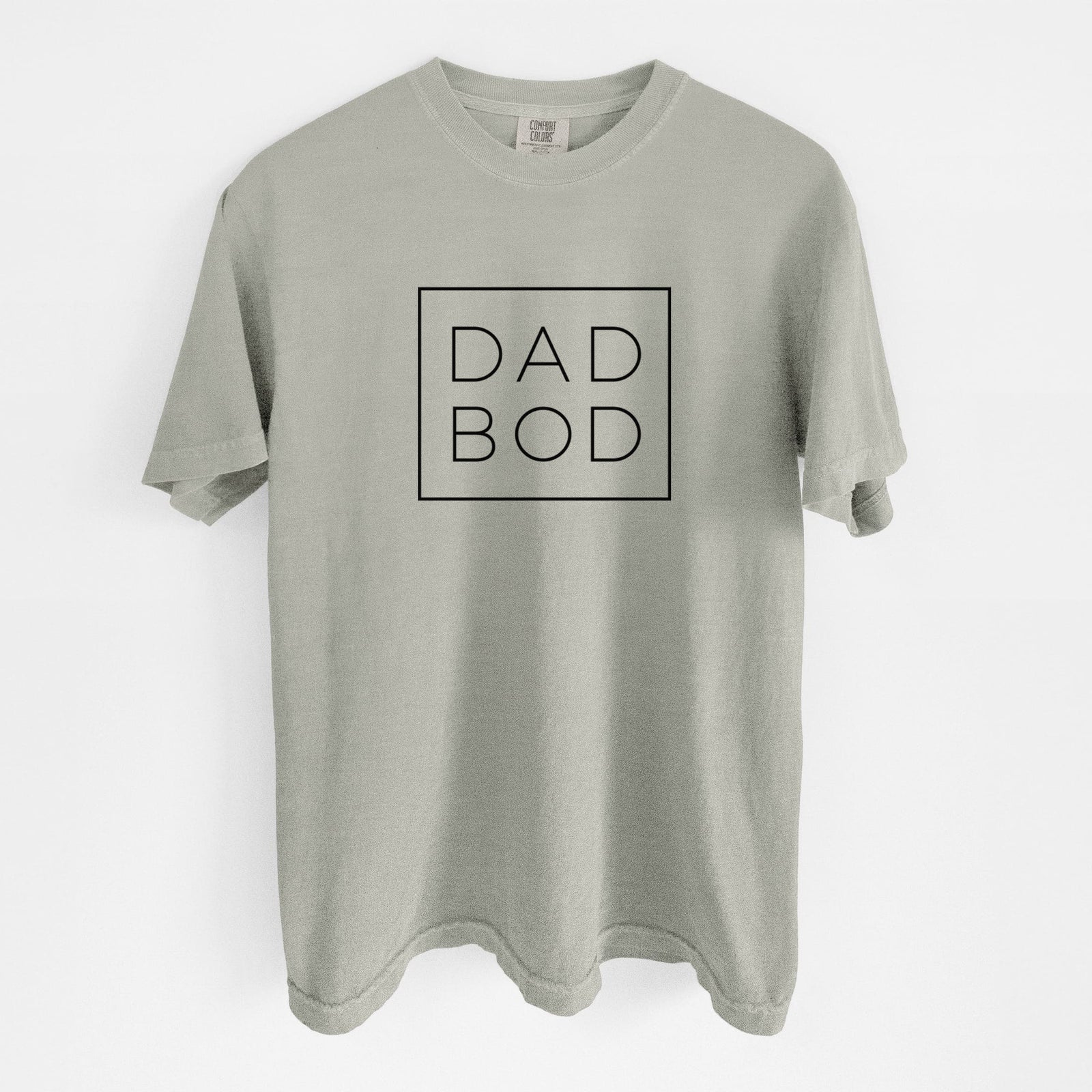 Brick red Comfort Colors t-shirt laid flat, printed with the words DAD BOD in thin black letters stacked inside a square outline.