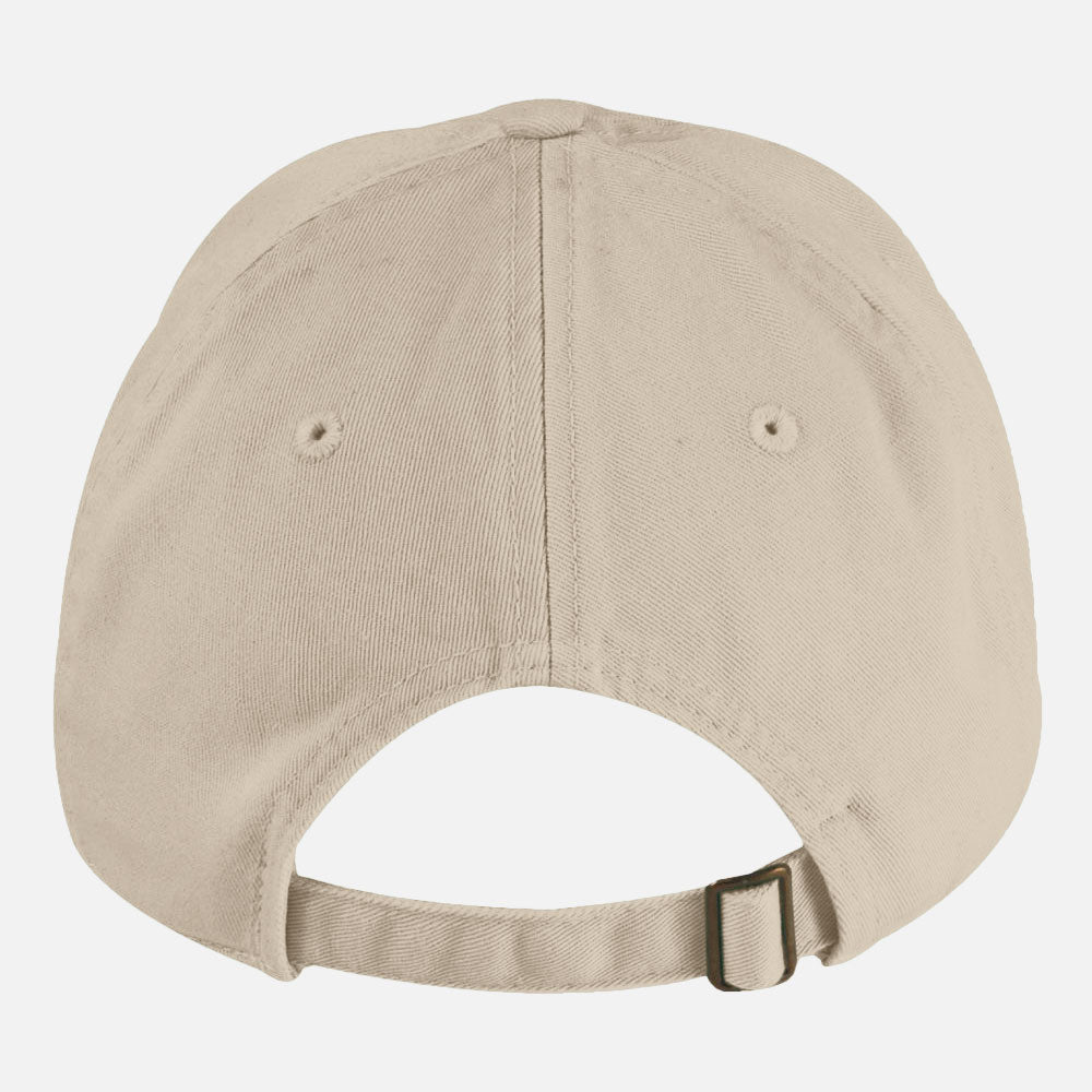 Back of a stone beige cotton baseball hat, showing the adjustable strap and buckle.