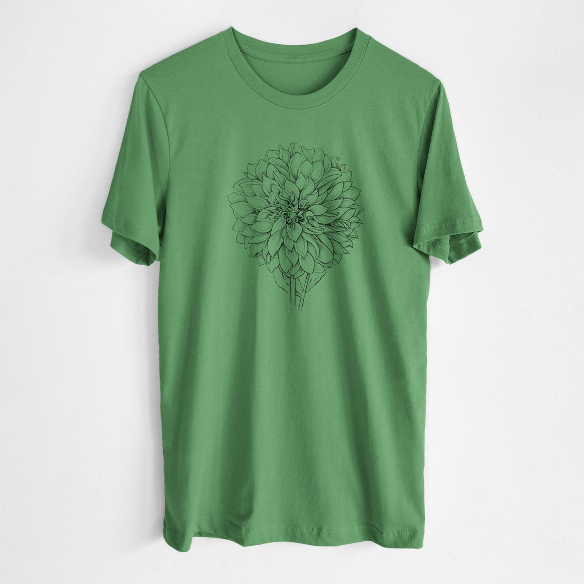 Leaf green lightweight cotton t-shirt laid flat, printed with a detailed black ink line drawing of a Cafe au Lait dahlia bloom.