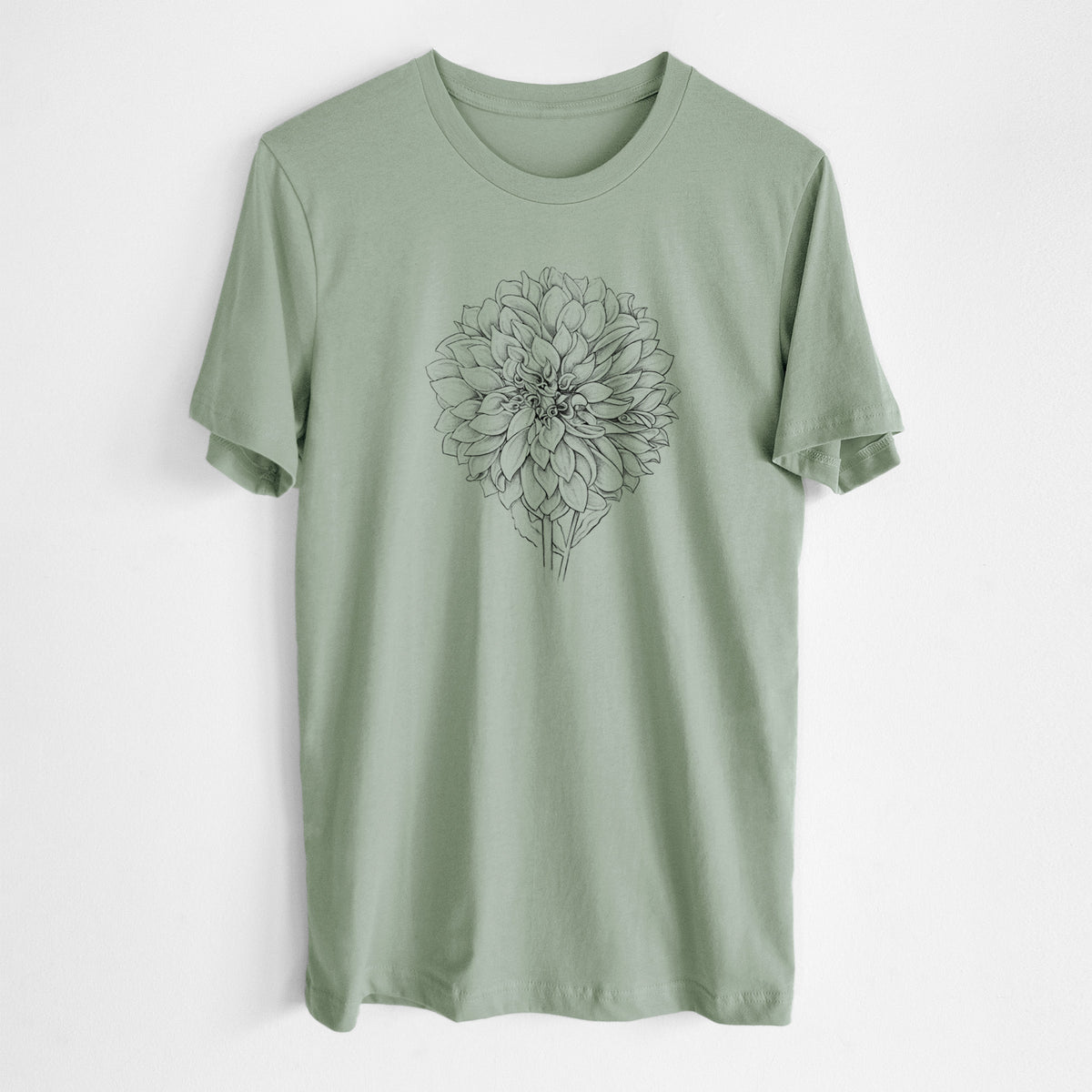 Sage green lightweight cotton t-shirt laid flat, printed with a detailed black ink line drawing of a Cafe au Lait dahlia bloom.