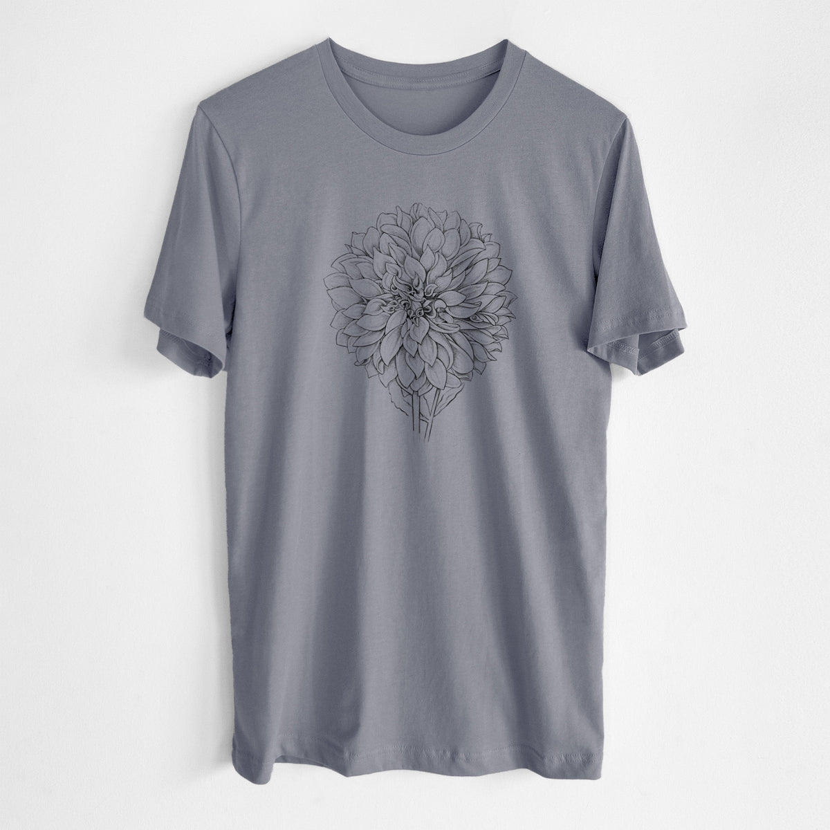 Storm grey lightweight cotton t-shirt laid flat, printed with a detailed black ink line drawing of a Cafe au Lait dahlia bloom.