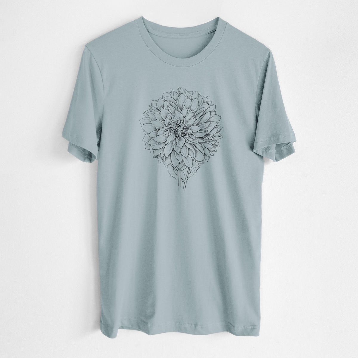 Vintage denim lightweight cotton t-shirt laid flat, printed with a detailed black ink line drawing of a Cafe au Lait dahlia bloom.