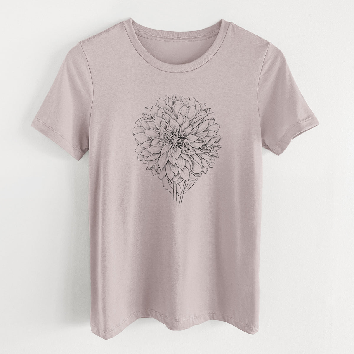 Pink gravel women's relaxed fit cotton t-shirt laid flat, printed with a detailed black ink line drawing of a Cafe au Lait dahlia bloom.