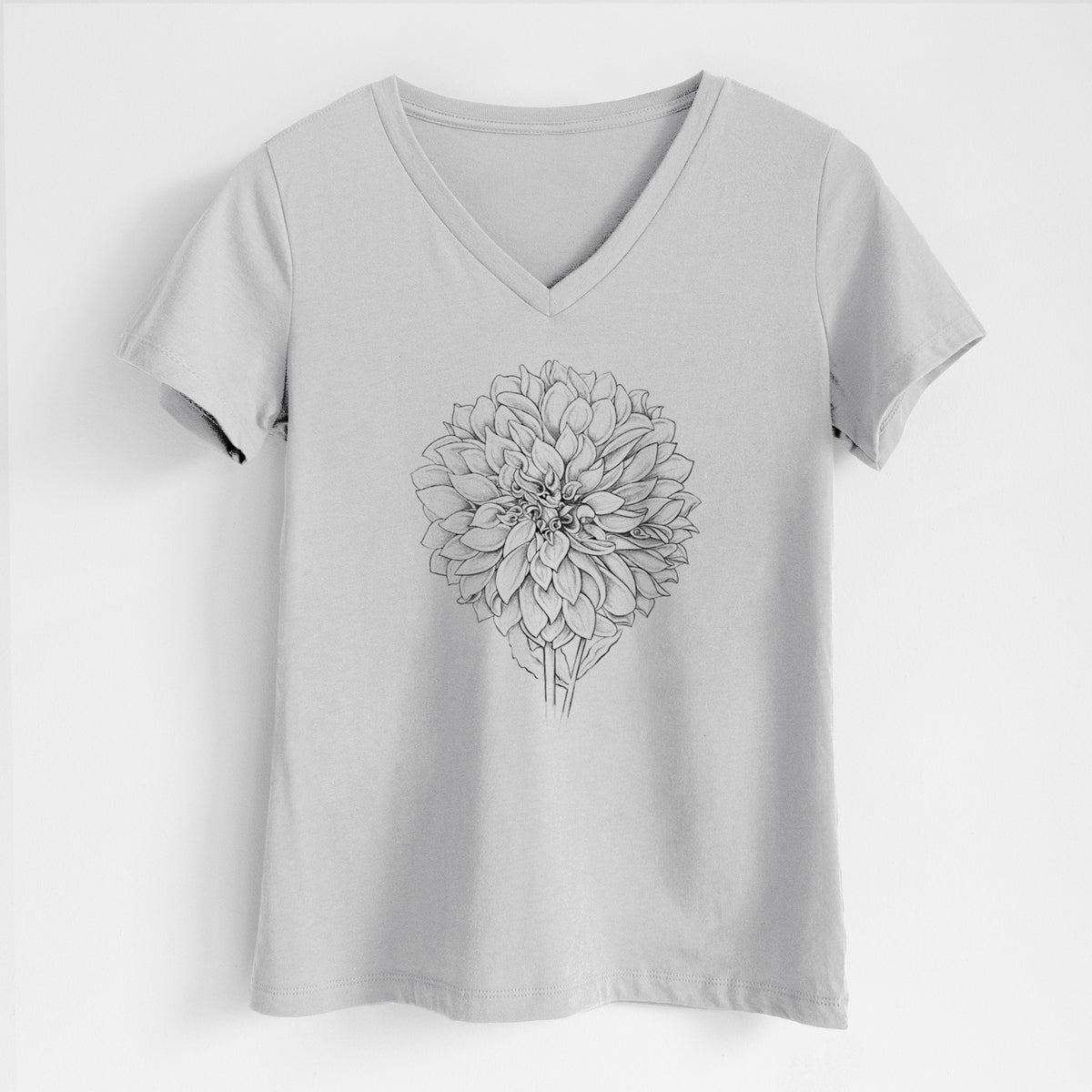 Lunar grey women's relaxed fit cotton V-neck t-shirt laid flat, printed with a detailed black ink line drawing of a Cafe au Lait dahlia bloom.